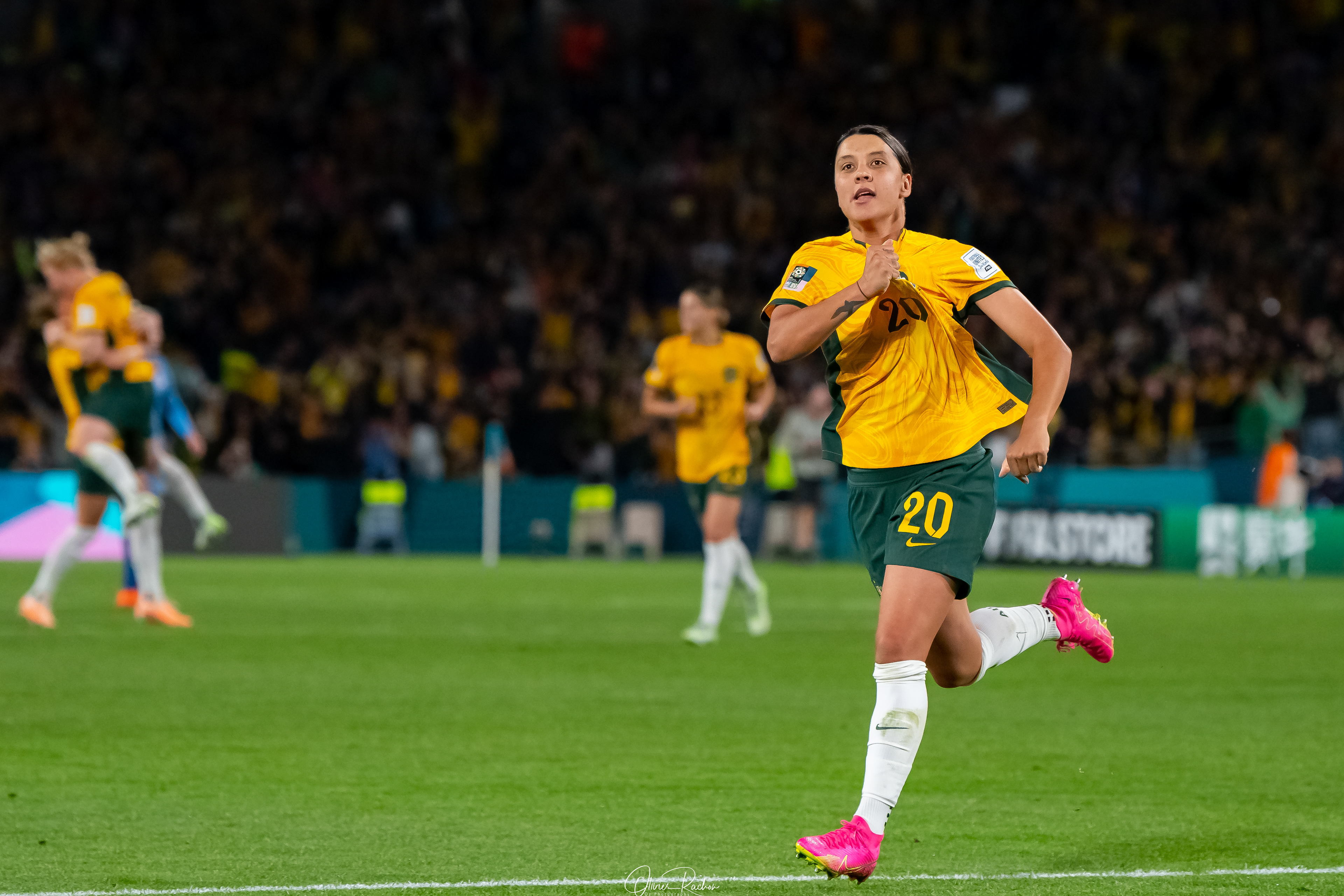 Sam Kerr celebrating after scoring a goal