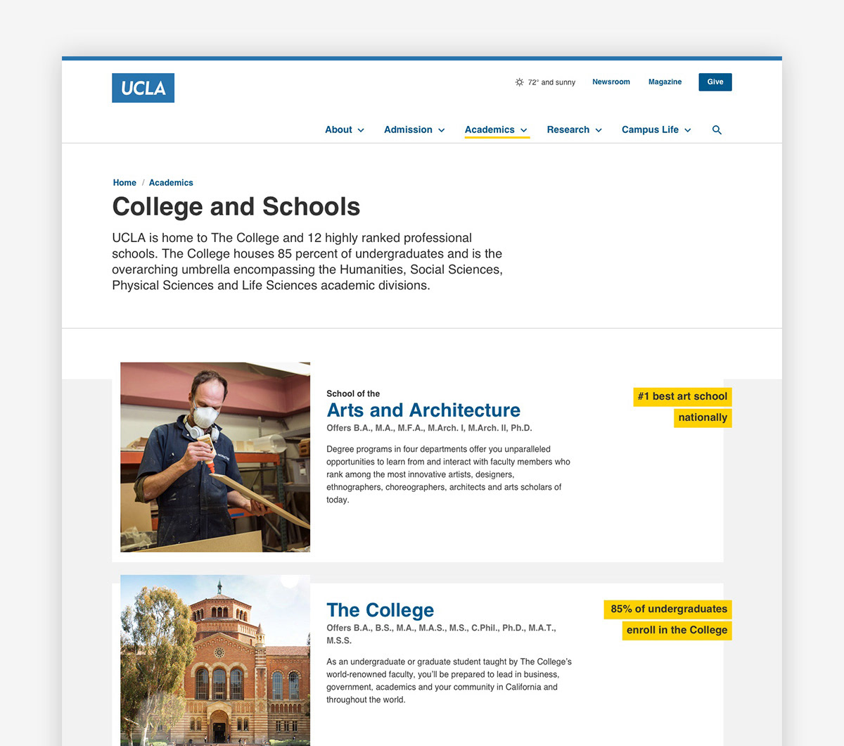 Each college and school card featured a fact or stat highlighting accomplishments.