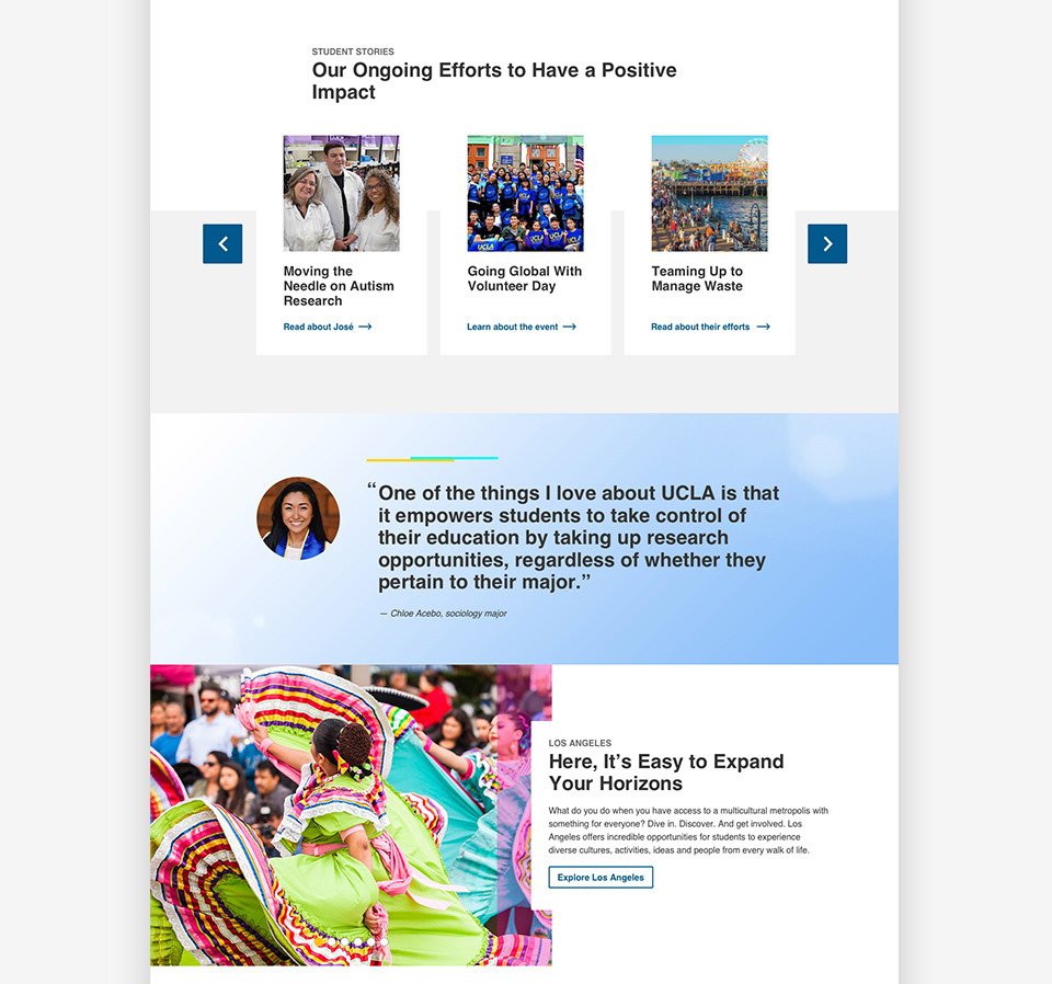 Explore landing page details showing story card, quote and content blade components.