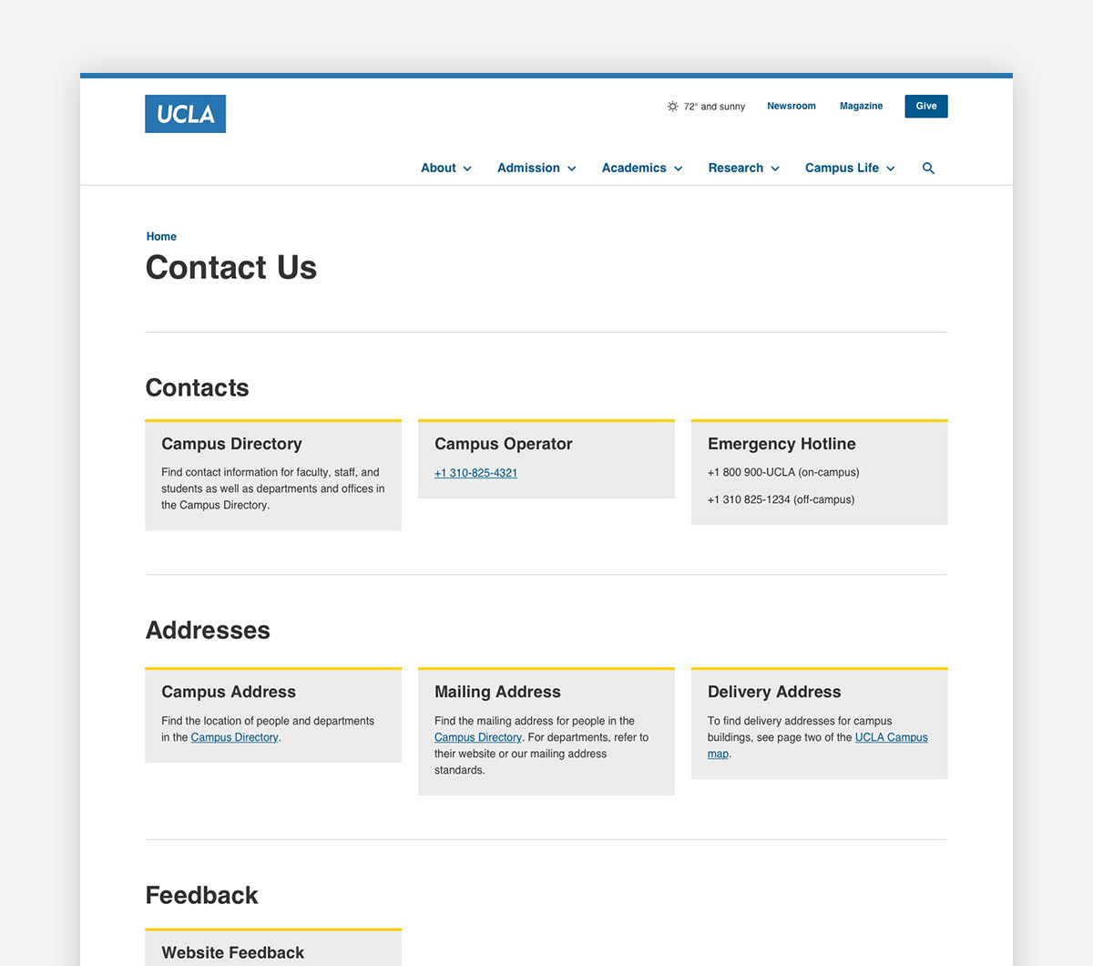 Campus contact page help visitors address specific departments and groups on campus.