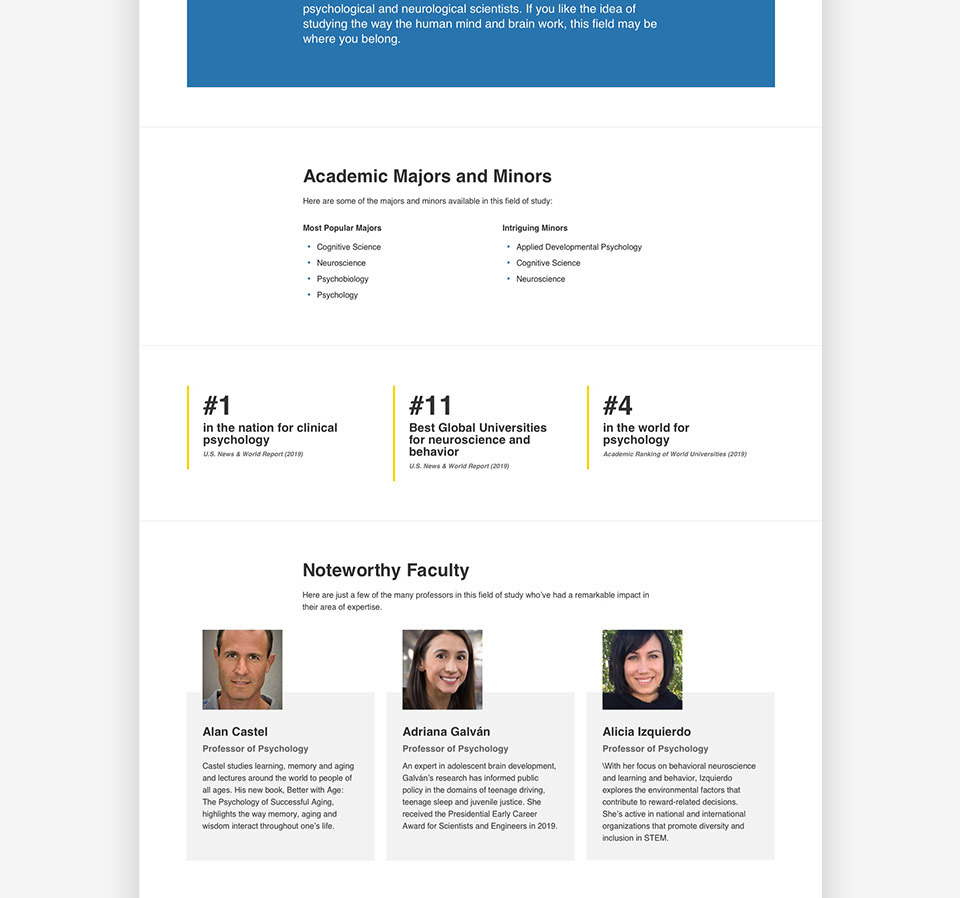 Psychological and Neurological Sciences page showing list, ranking tout, and people card components.