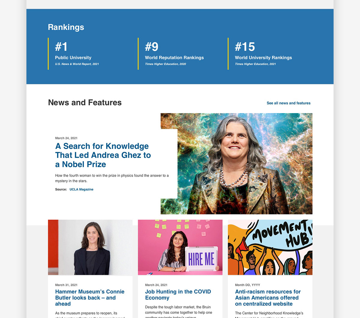 The homepage displayed a snapshot of what was happening at UCLA with the latest ratings, news, and features.