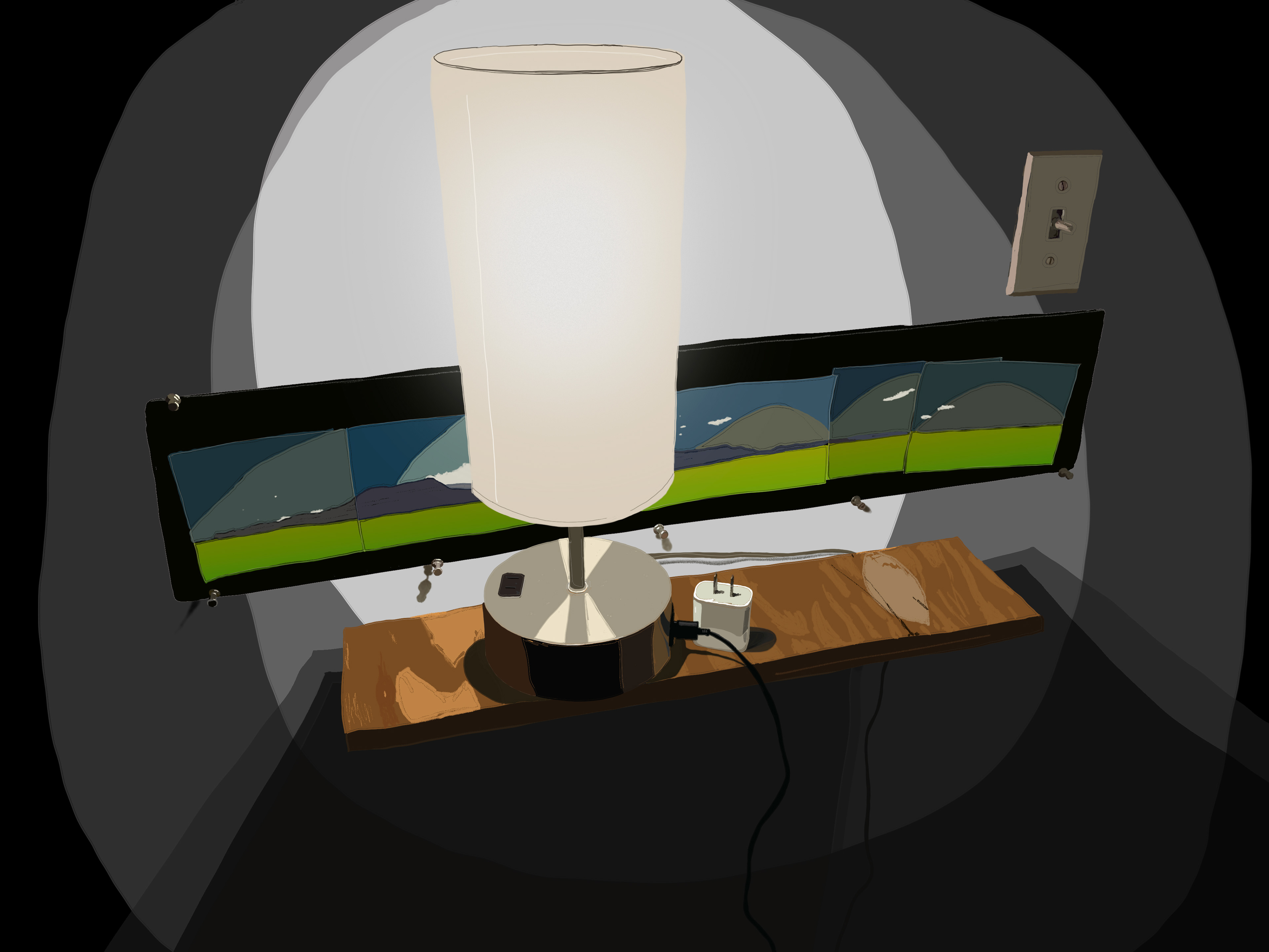 raw pine shelf. lamp. electric razor cord. apple adaptor. defunct dimmer switch to the ghost of a ceiling fan. weathered panorama collage of the drakensberg mountains - the upper right tack adamantly refused to stay put. and rightly so. digital drawing, 4032 x 3024. #200tez