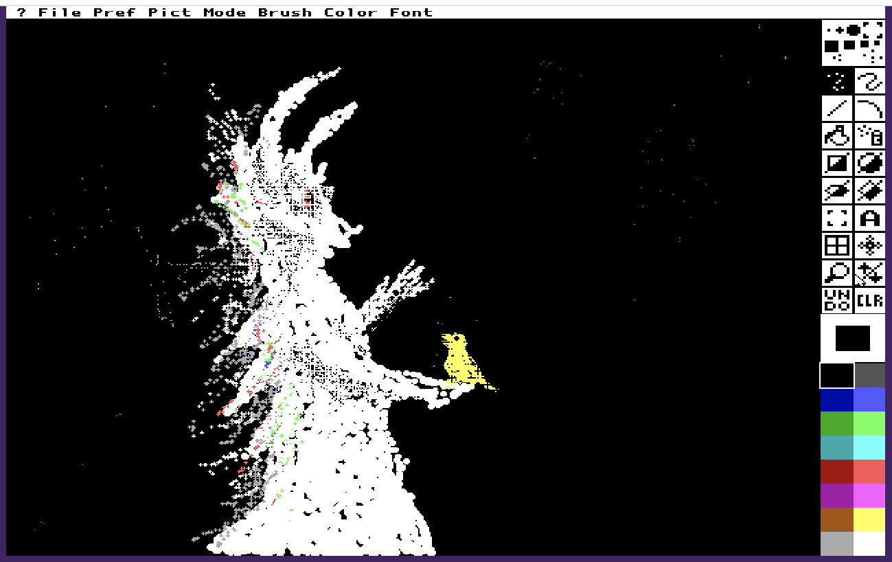 finch & spirit - in sudden need of a perch, ghost-monster is taken aback by fearless, loving, finch. DeluxePaint 2 DOSBox on object.com