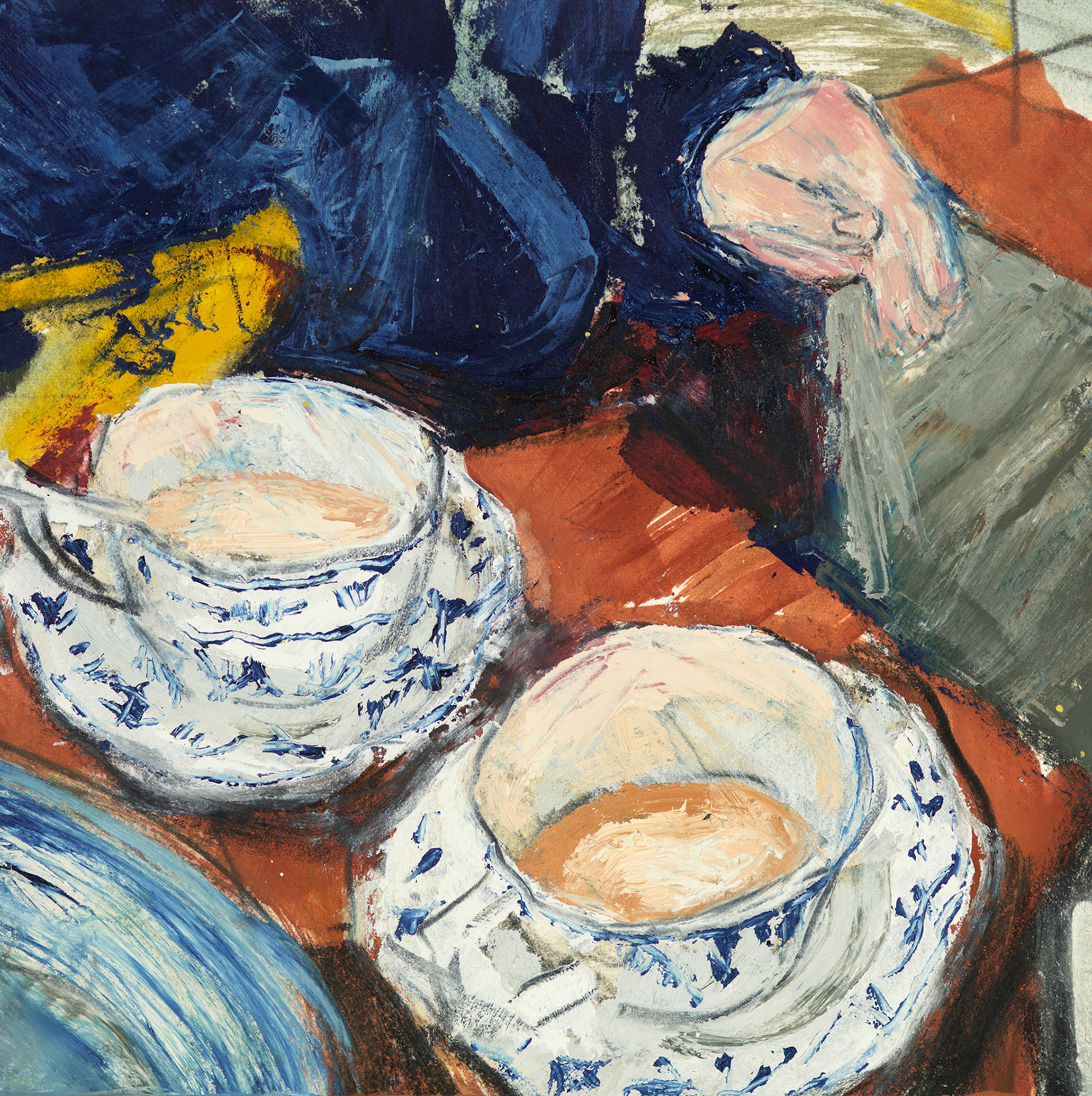 Two Cups, Fireplace. Oil, charcoal, graphite. 8x8 in.