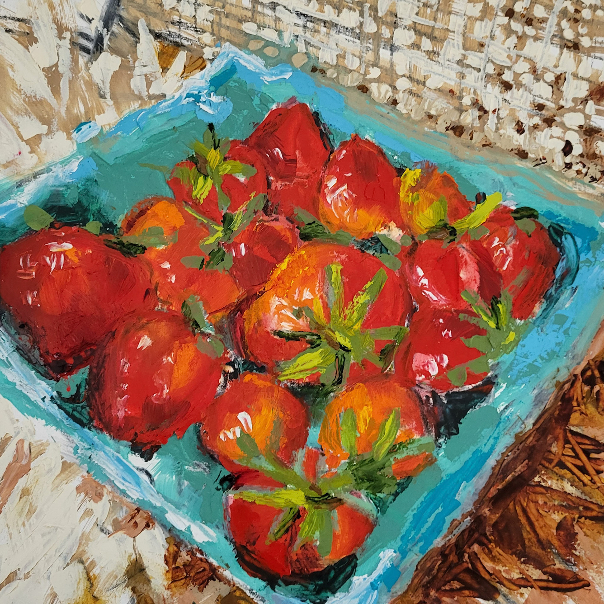 Spring Rain Strawberries. Oil, charcoal. 12x12 in. sold. 