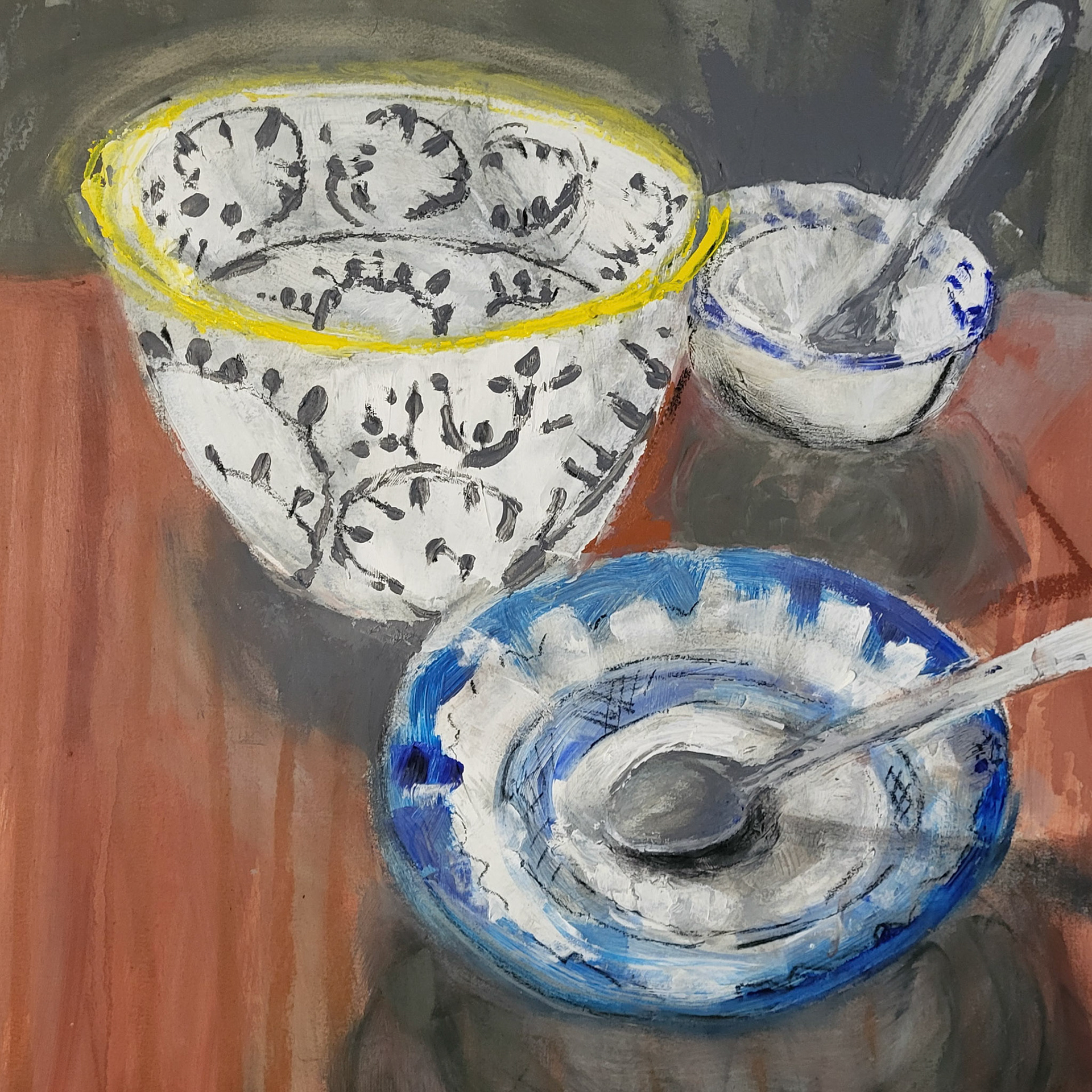 Bowls. Oil, charcoal, 16x16 in. $300.