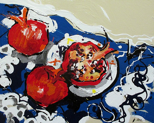 Pomegranates, Blue Tablecloth. Acrylic enamel. 16x20 in. sold. 