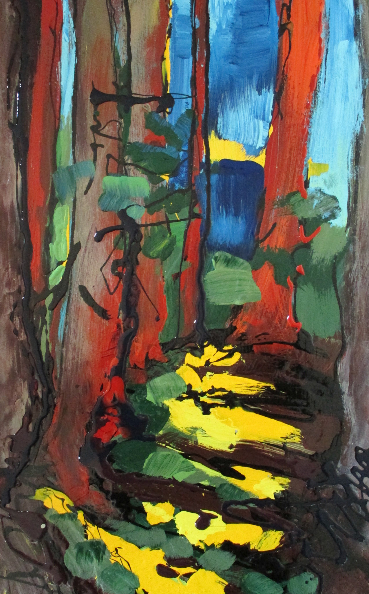 Path Through Old Cedars. Acrylic enamel. 18x24 in. sold. 