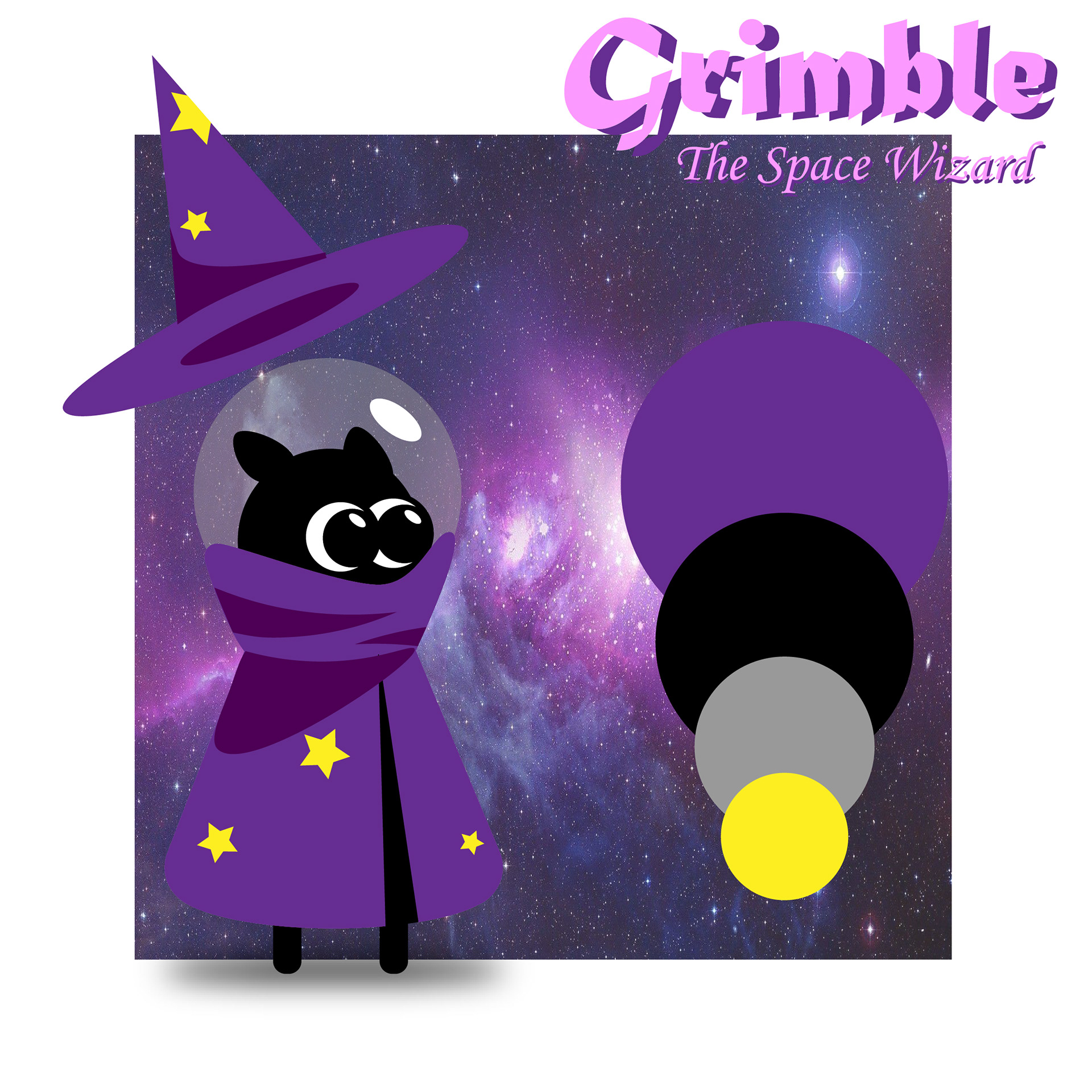 a vector illustration by Landon Heverly of a character sheet featuring Grimble the Space Wizard who is wearing a purple robe and hat with yellow stars