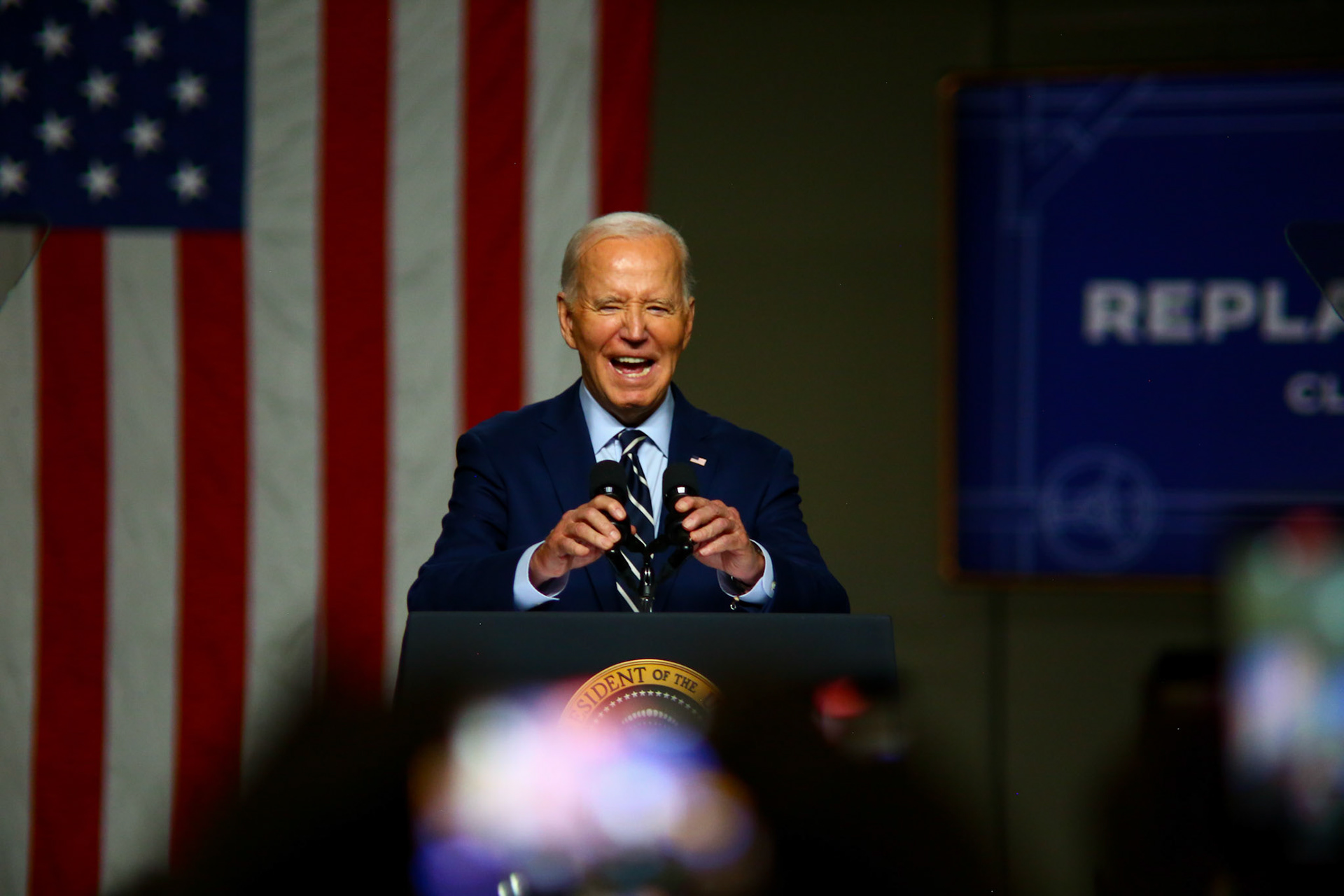 President Joe Biden delivers remarks on stage at the Department of Public Works Field Headquarters in Milwaukee, WI on October 8th, 2024. (Photo by Aidan DeStefano/Sipa USA)