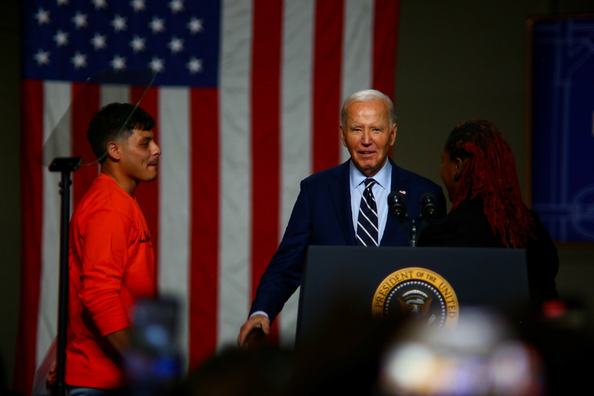 President Joe Biden delivers remarks on stage with two Milwaukee locals at the Department of Public Works Field Headquarters in Milwaukee, WI on October 8th, 2024. (Photo by Aidan DeStefano/Sipa USA)