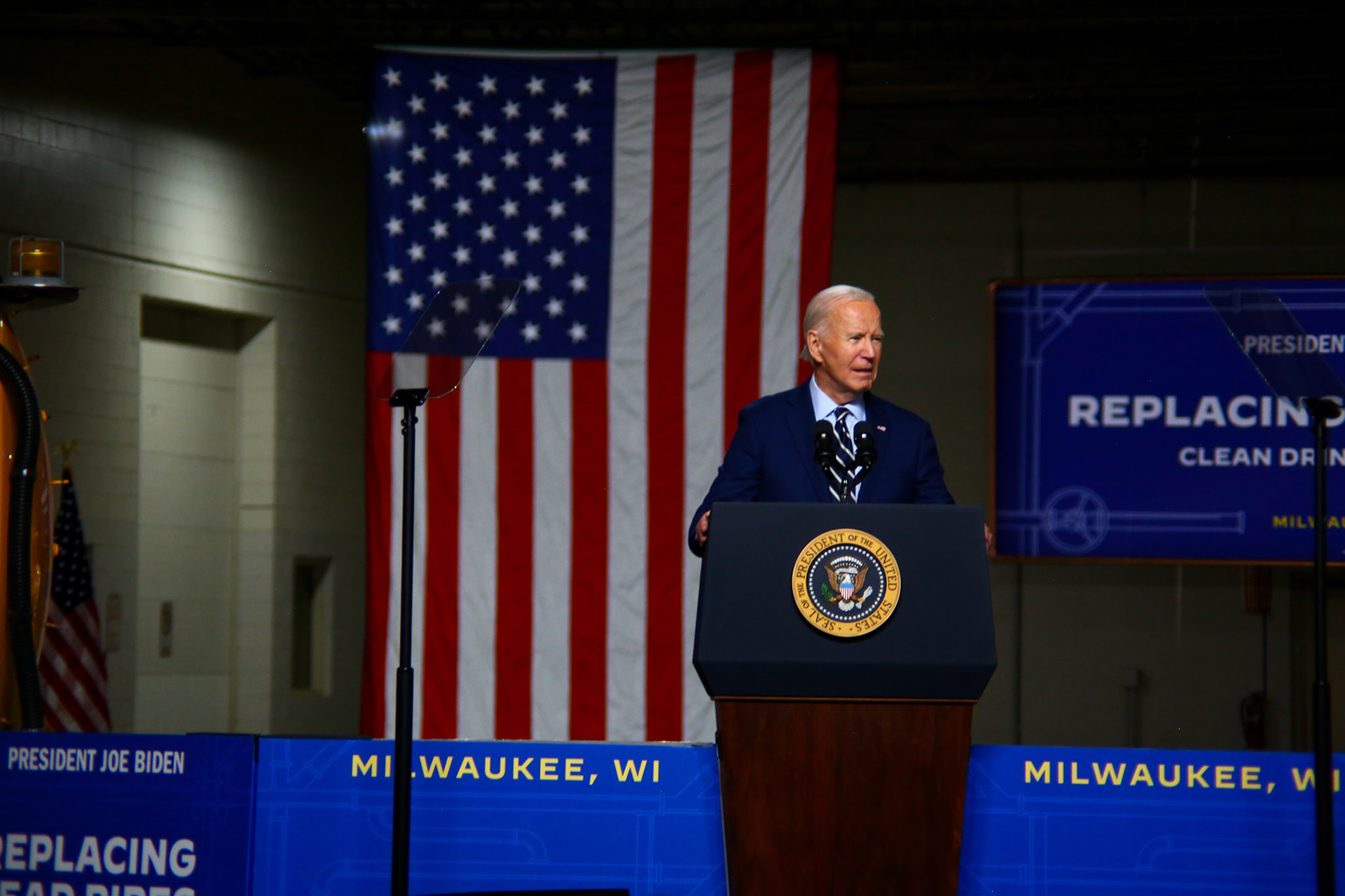 President Joe Biden delivers remarks on stage at the Department of Public Works Field Headquarters in Milwaukee, WI on October 8th, 2024. (Photo by Aidan DeStefano/Sipa USA)