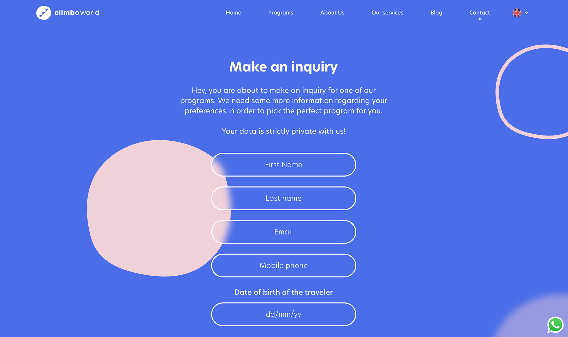 Man an inquiry screen of Climbo world website