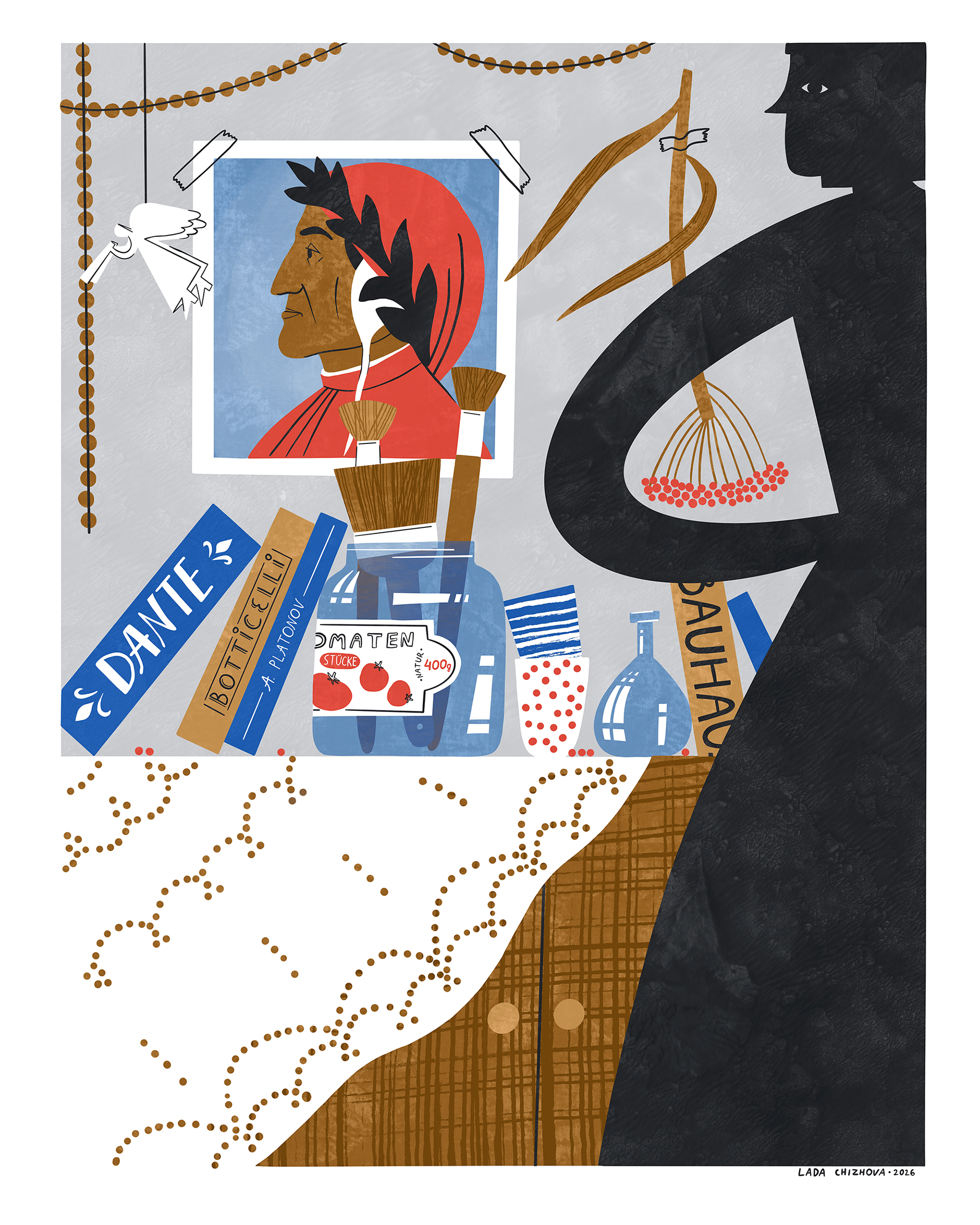 Illustrated still life, food illustration, artist studio, artist atelier, renaissance, portrait illustration, poetic illustration, illustrator in Mannheim, illustrator in Germany, Dante, Botticelli.