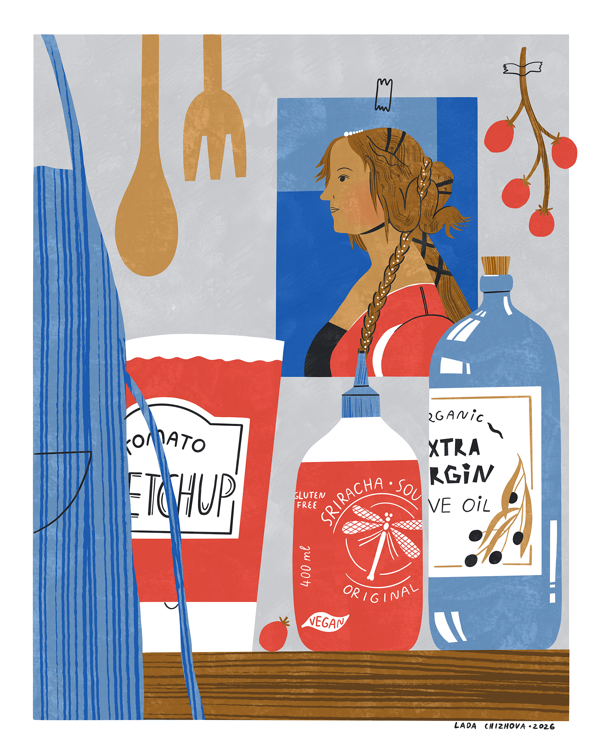 Illustrated still life, food illustration, artist studio, artist atelier, renaissance, portrait illustration, poetic illustration, illustrator in Mannheim, illustrator in Germany, Botticelli, tomatoes, ketchup, sriracha, olive oil