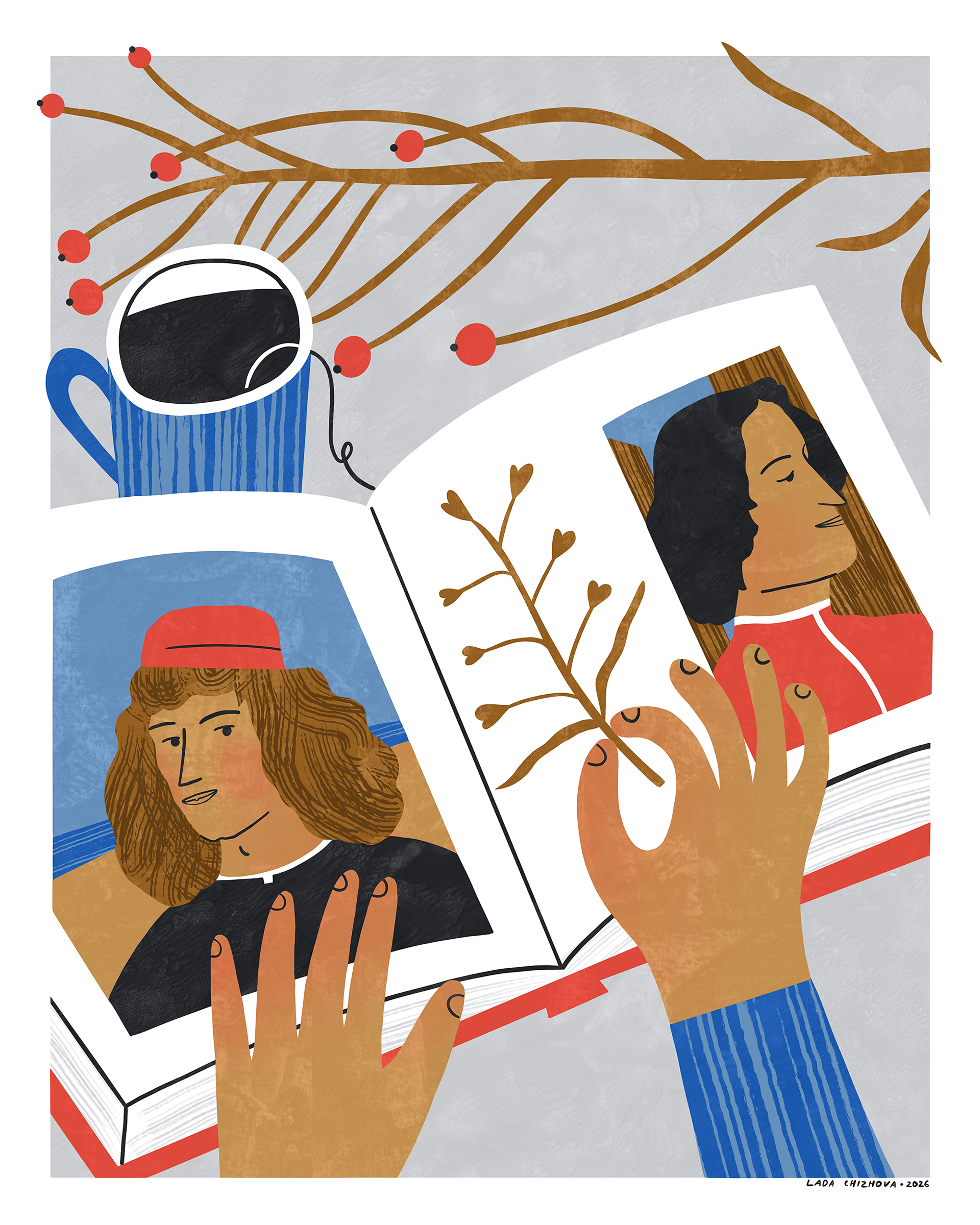 Illustrated still life, food illustration, artist studio, artist atelier, renaissance, portrait illustration, poetic illustration, illustrator in Mannheim, illustrator in Germany.