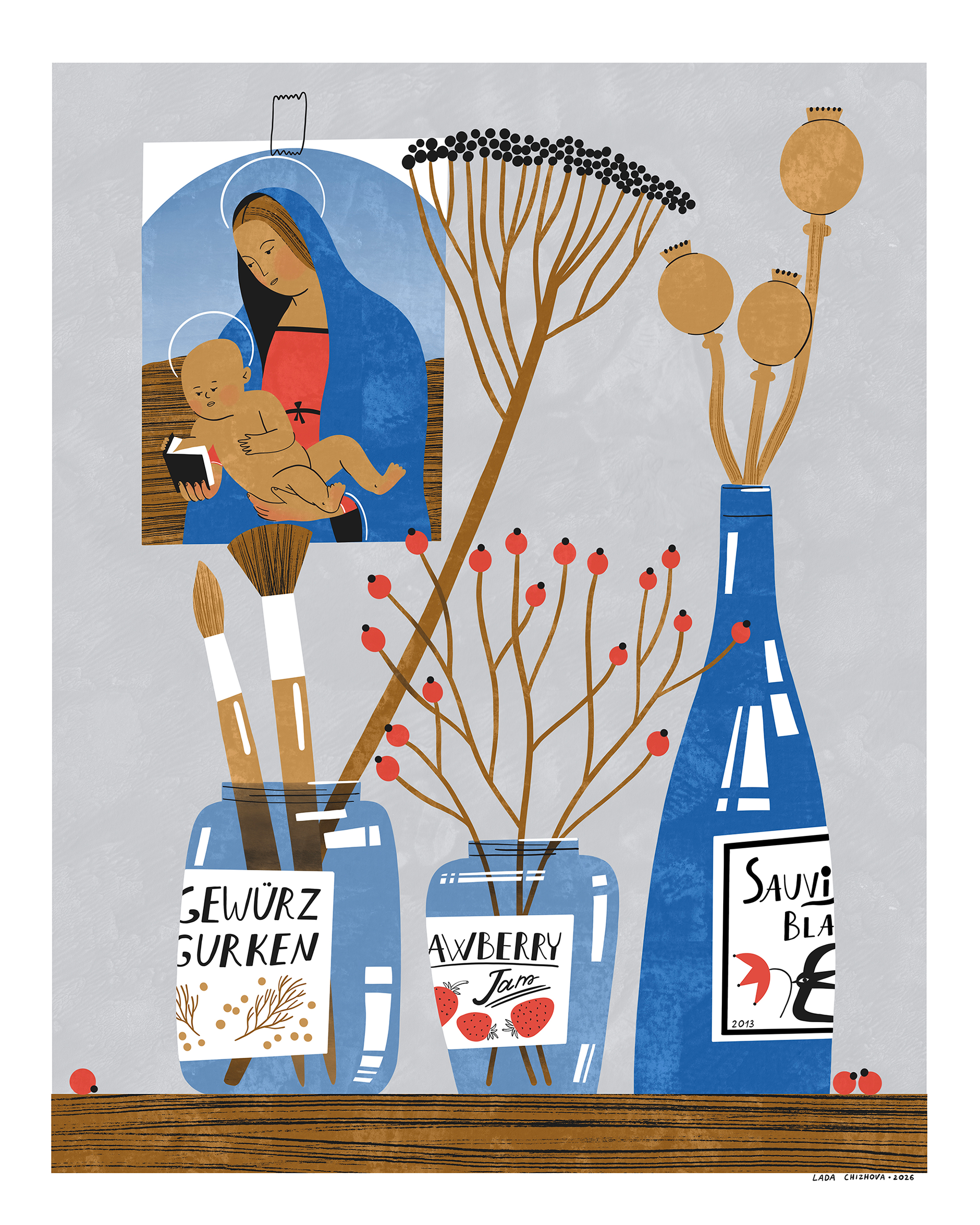 Illustrated still life, food illustration, artist studio, artist atelier, renaissance, portrait illustration, poetic illustration, illustrator in Mannheim, illustrator in Germany, madonna.