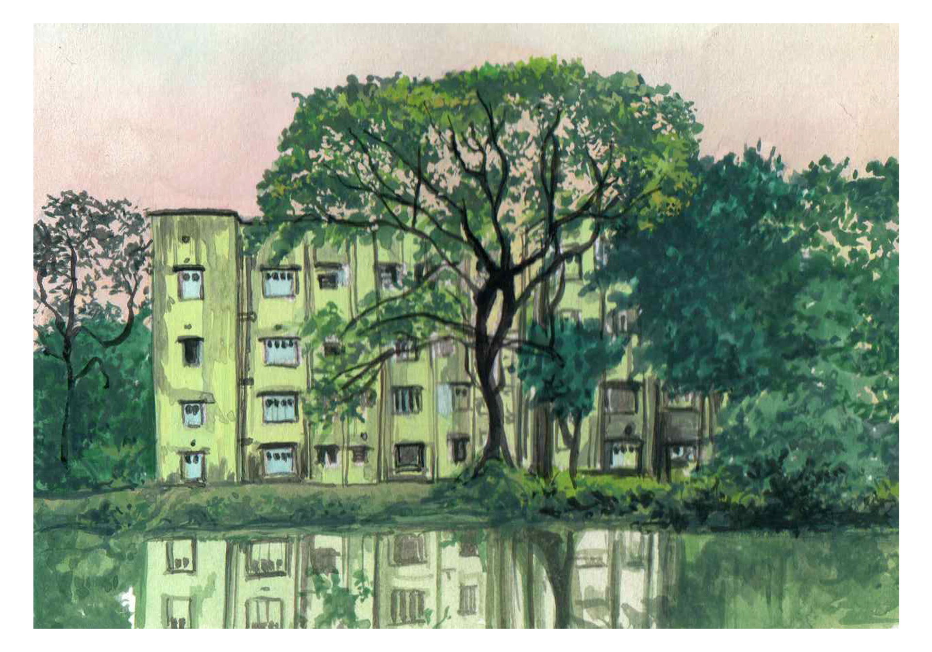 Housing Society by Pond | gouache on paper | 2022