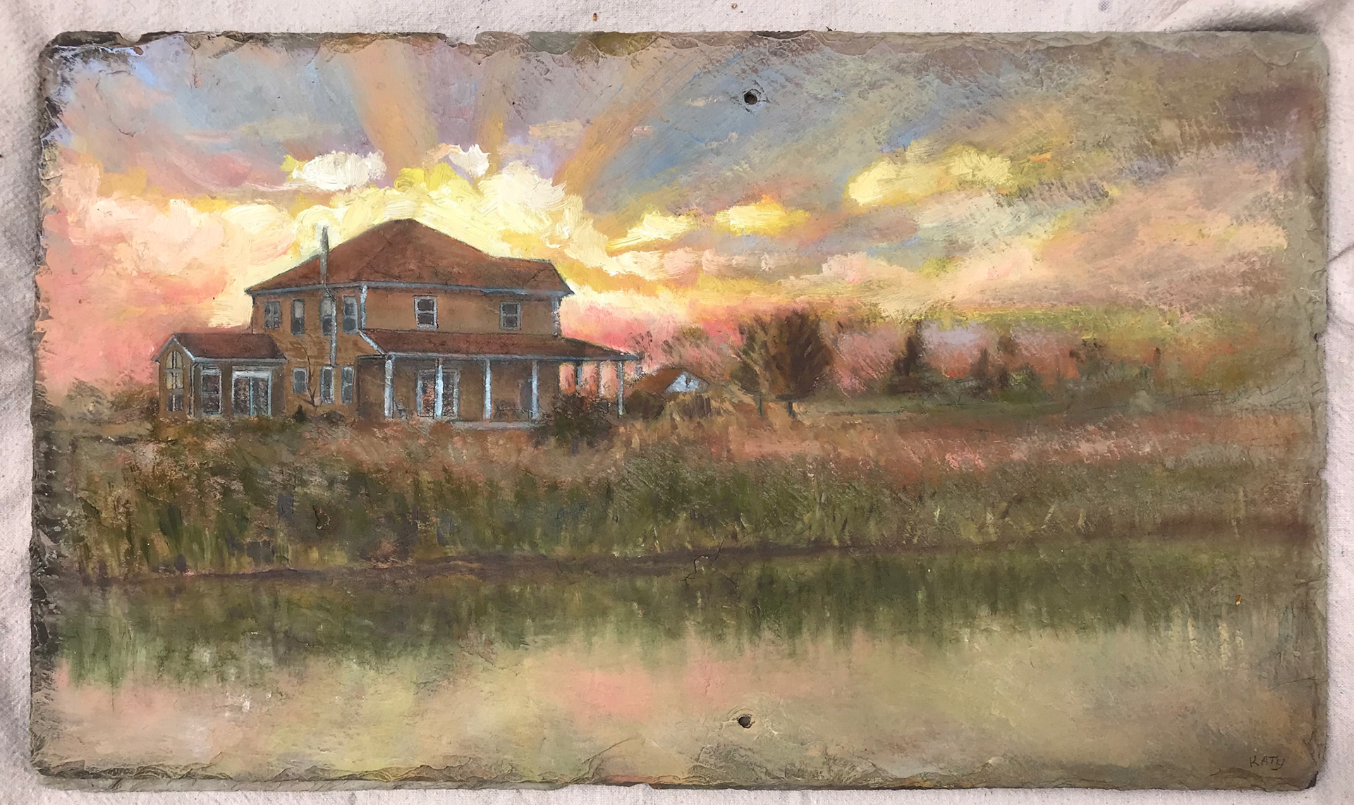 Plouck Homestead Oil on antique barn roofing tile