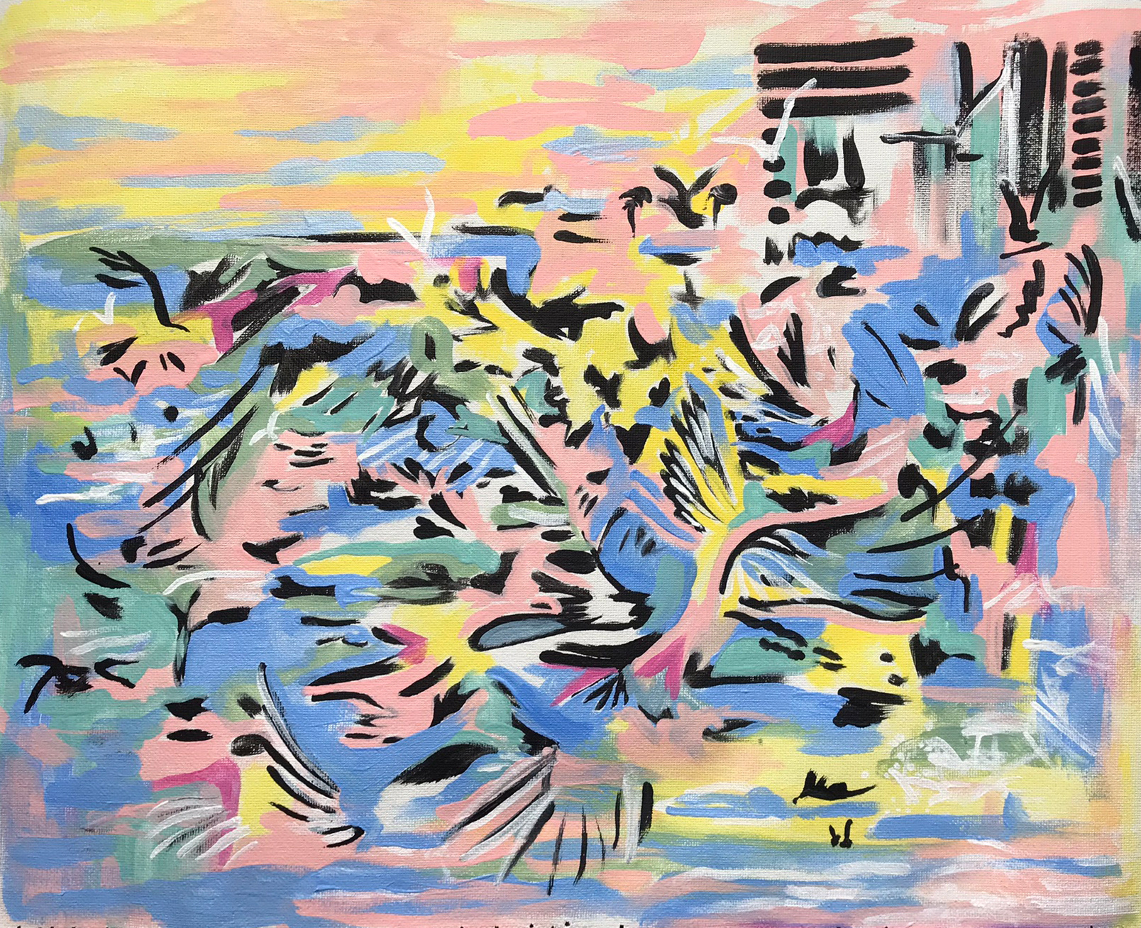 "Feathered Frenzy" Acrylic on Canvas, Mounted on Board