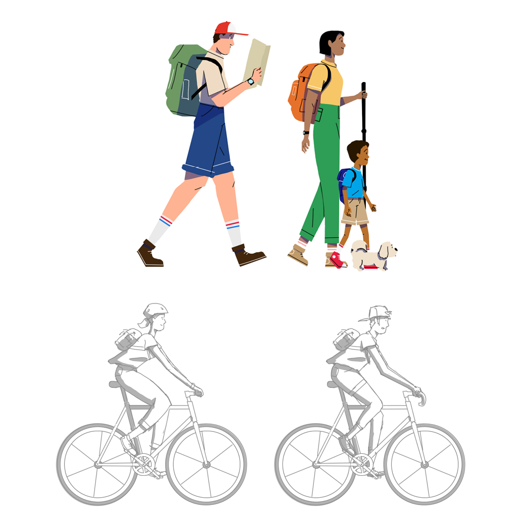 Concept art et recherches graphiques cyclistes et promeneurs