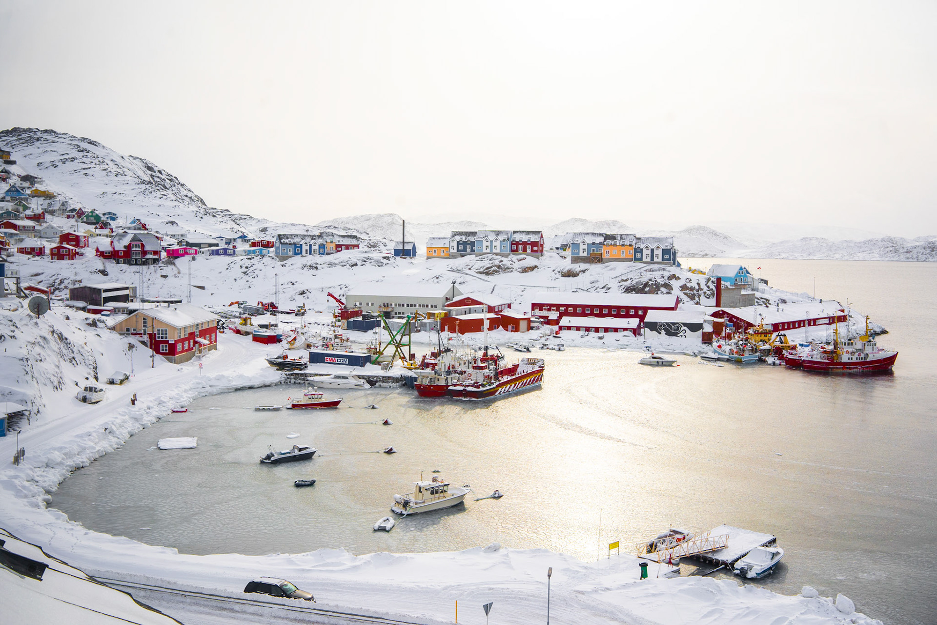 View from Hotel Qaqortoq. I lived in the yellow house to the right of the blue building with the tall chimney.