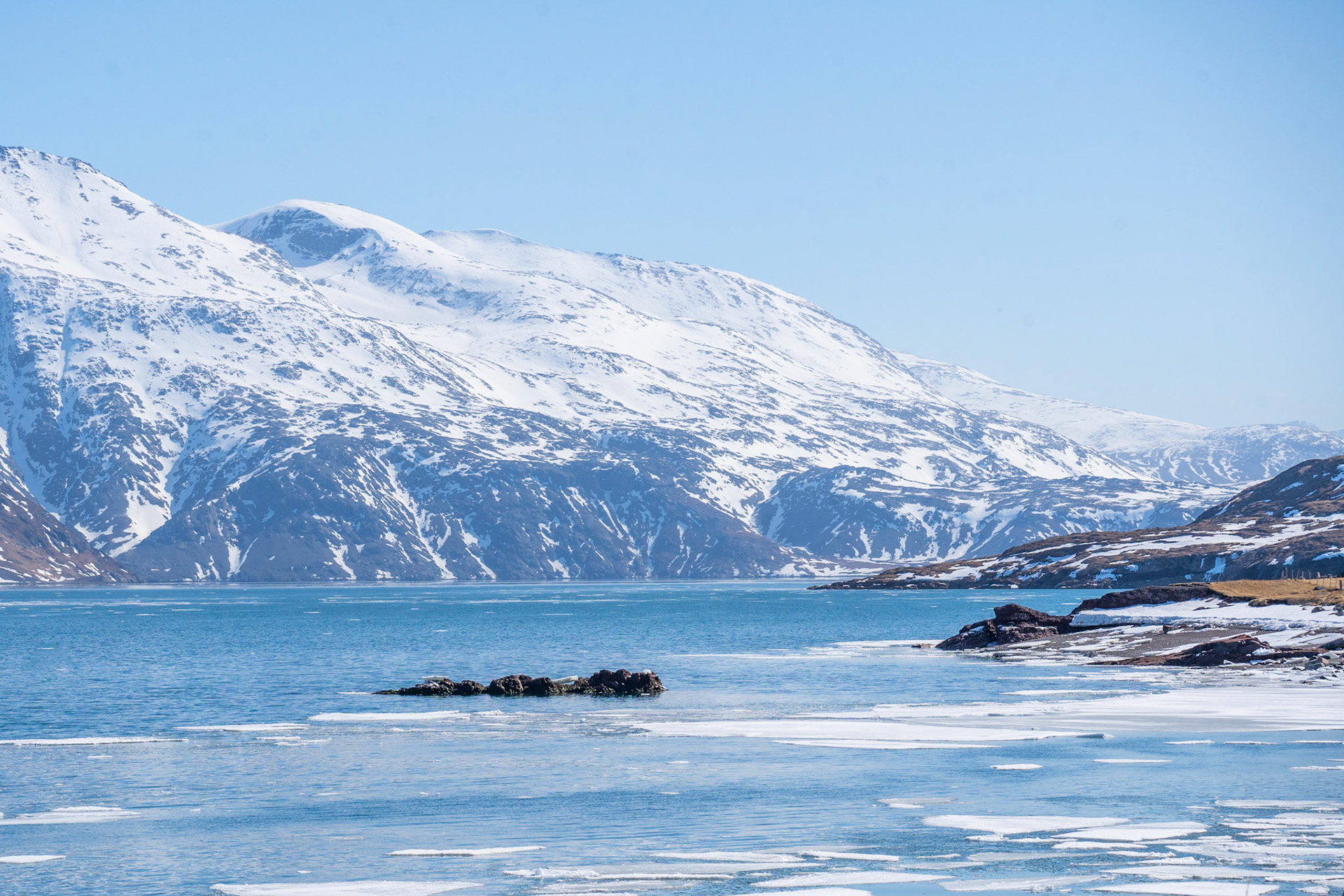 The mountains and ice still on the fjord around Sillisit.