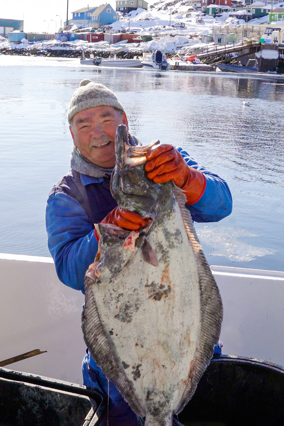 Jens Peter with his catch of the day, Nataarnaq (Atlantic halibut).