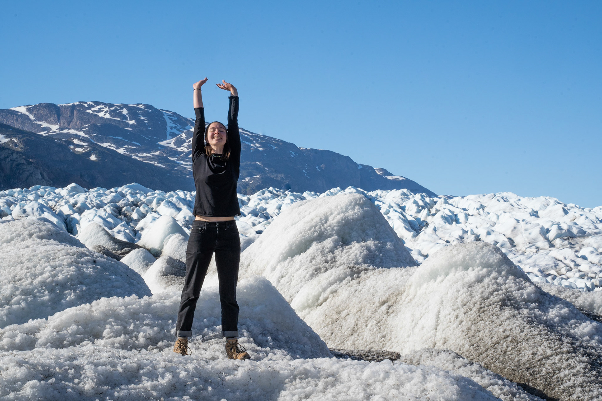 Julia and I hiked down to wander onto the ice. Julia enjoying a stretch on the ice sheet.