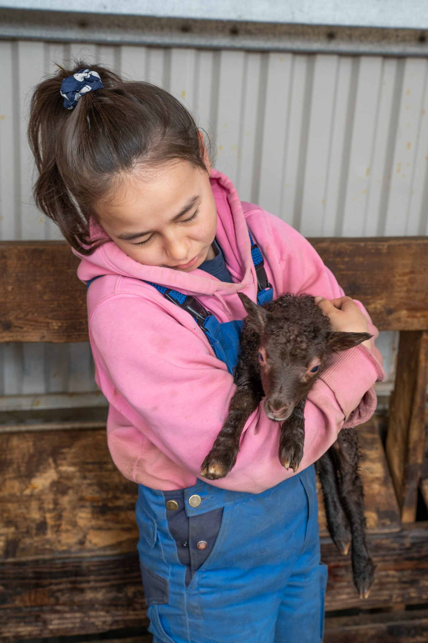Kira holding a brown lamb.