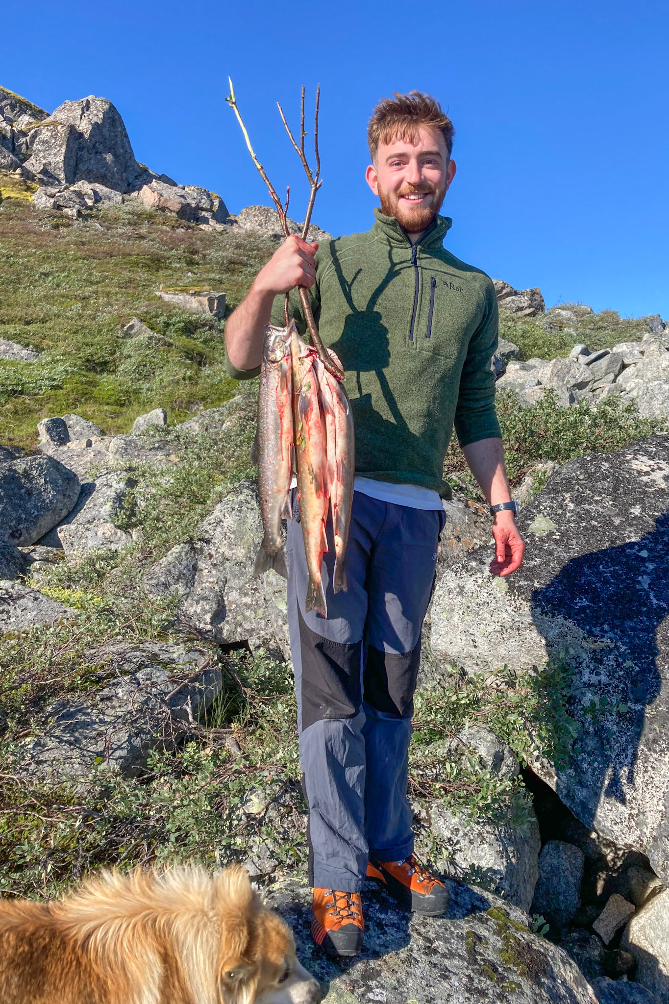 Sucessful arctic char catch by Connor in the waterfall about 20 minutes hike from the station.