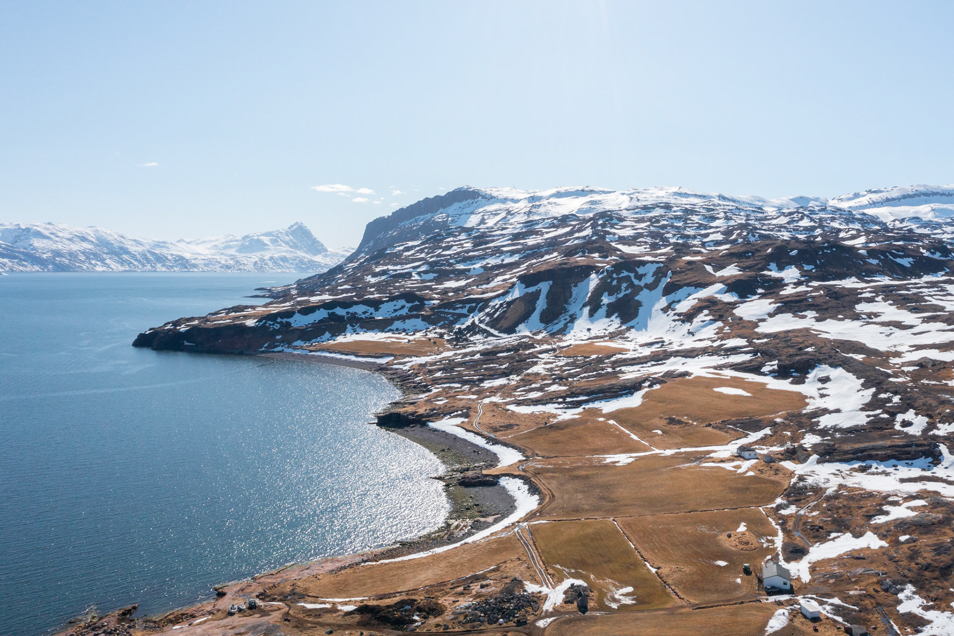 Sillisit sheep farm from above on the drone. The hay fields are still brown at this point in the spring.