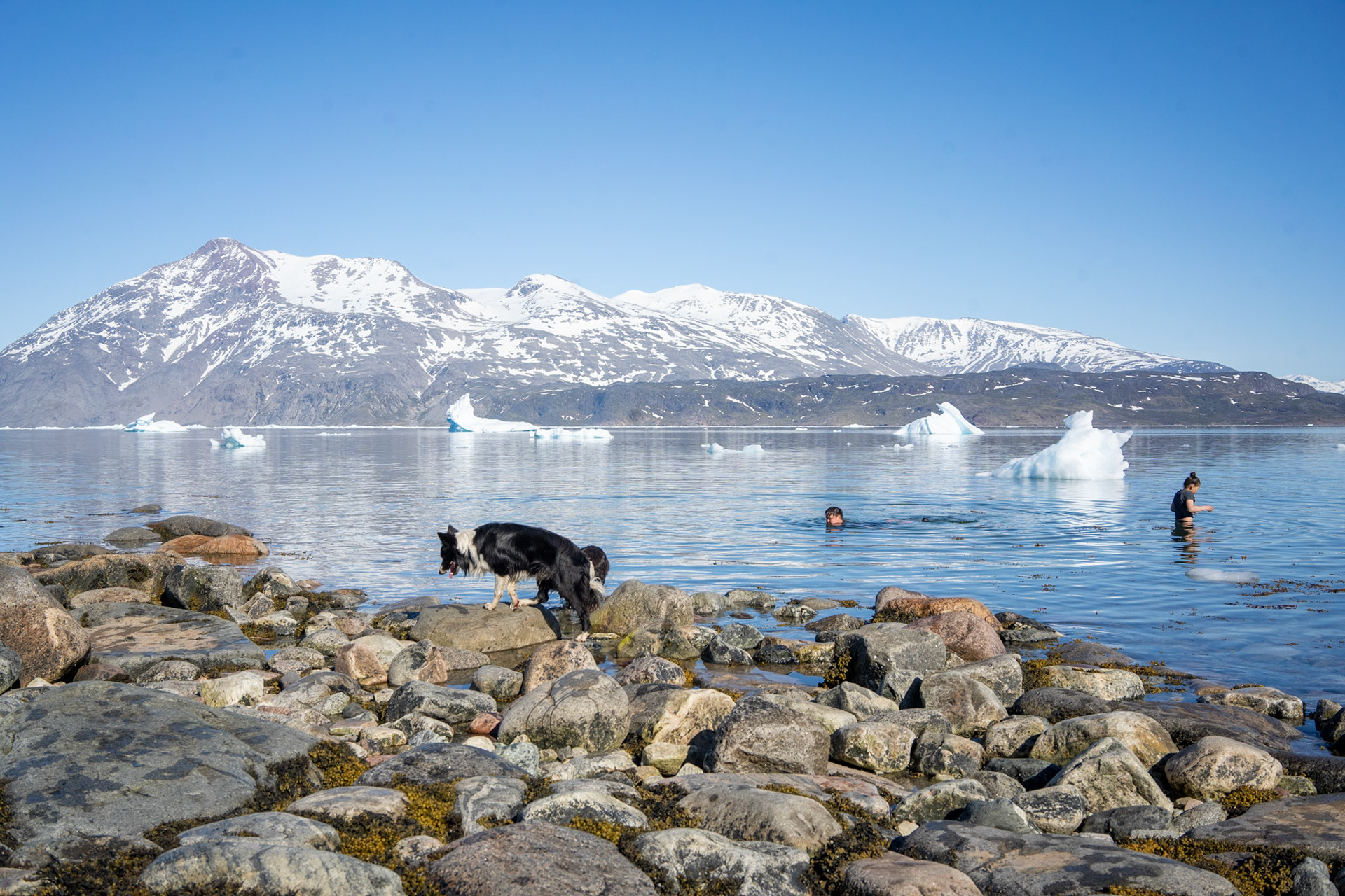 Swimming in the warm sun and cold water with Kim and Kira.