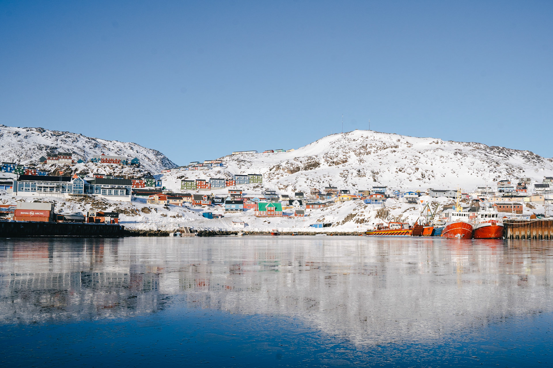 Qaqortoq, from the view of a boat in the harbor.