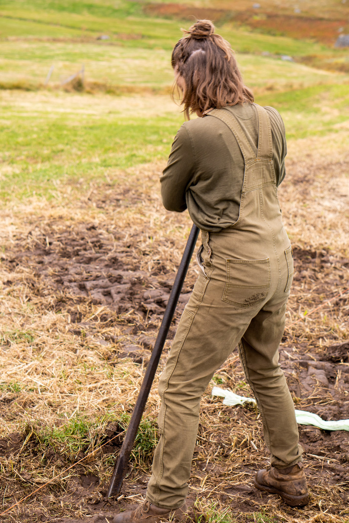 Helping dig some post holes for a temporary fence around the hay bales so the horses can't get at them. (Photo by Carson Brown)