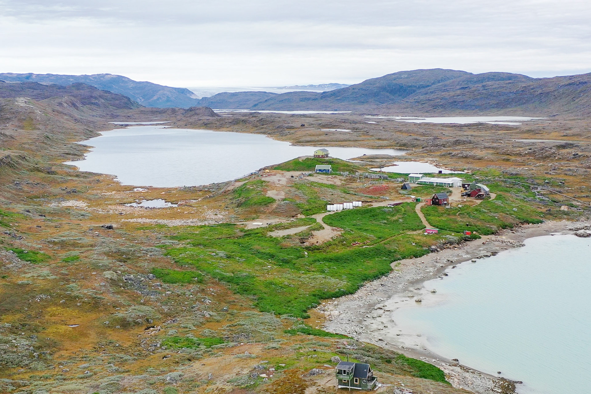 Isortoq Reindeer Station, with the ice sheet in the background. (Still from drone video by Carson Brown)