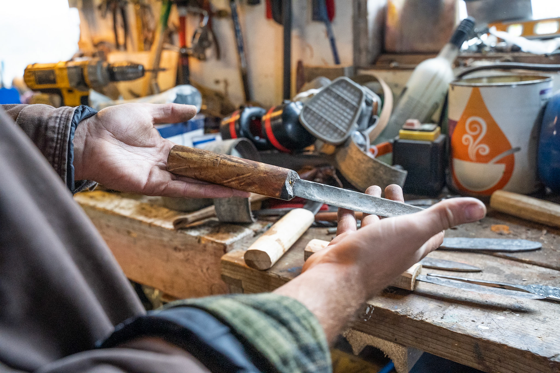 Stefan showing a knife he forged at the station. He makes his own tools, knives, hinges, and everything else he can muster. Stefan would go on to teach Carson how to forge knives.