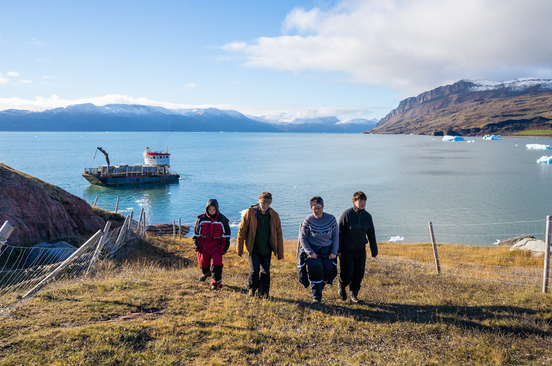 Kira, myself, Elna, and Kim walking back from the sheep ferry. (Photo by Carson Brown)