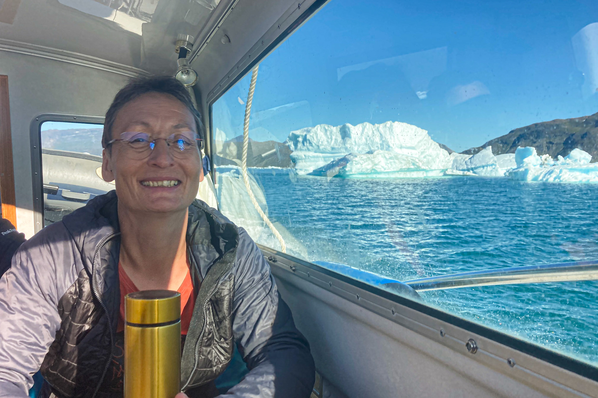 Arnaq on our boat ride back to Qaqortoq from a weekend trip to Narsaq.