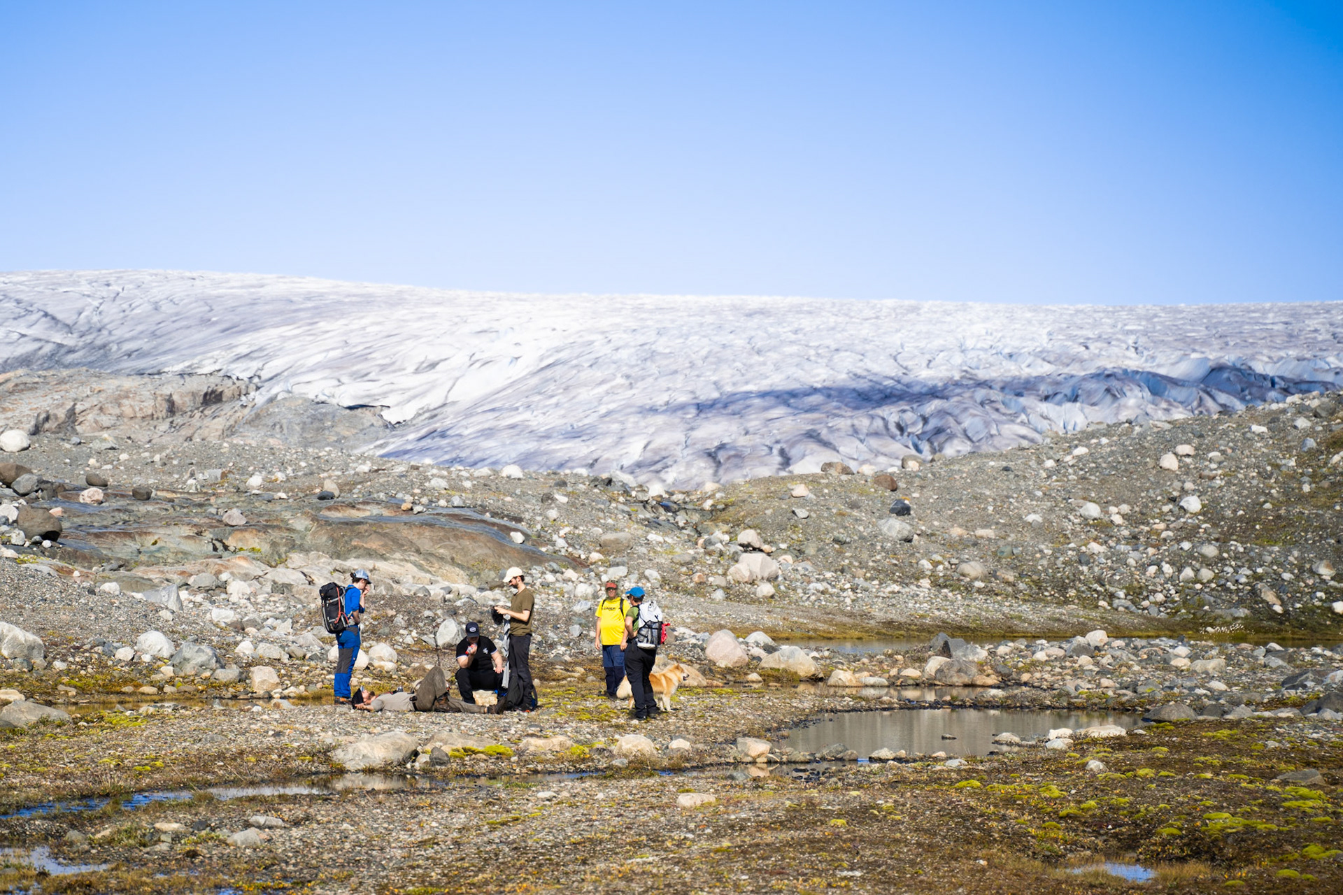 Ginny, Carson, Manitsioq, David, Matt, and Heather with the ice sheet in the back.