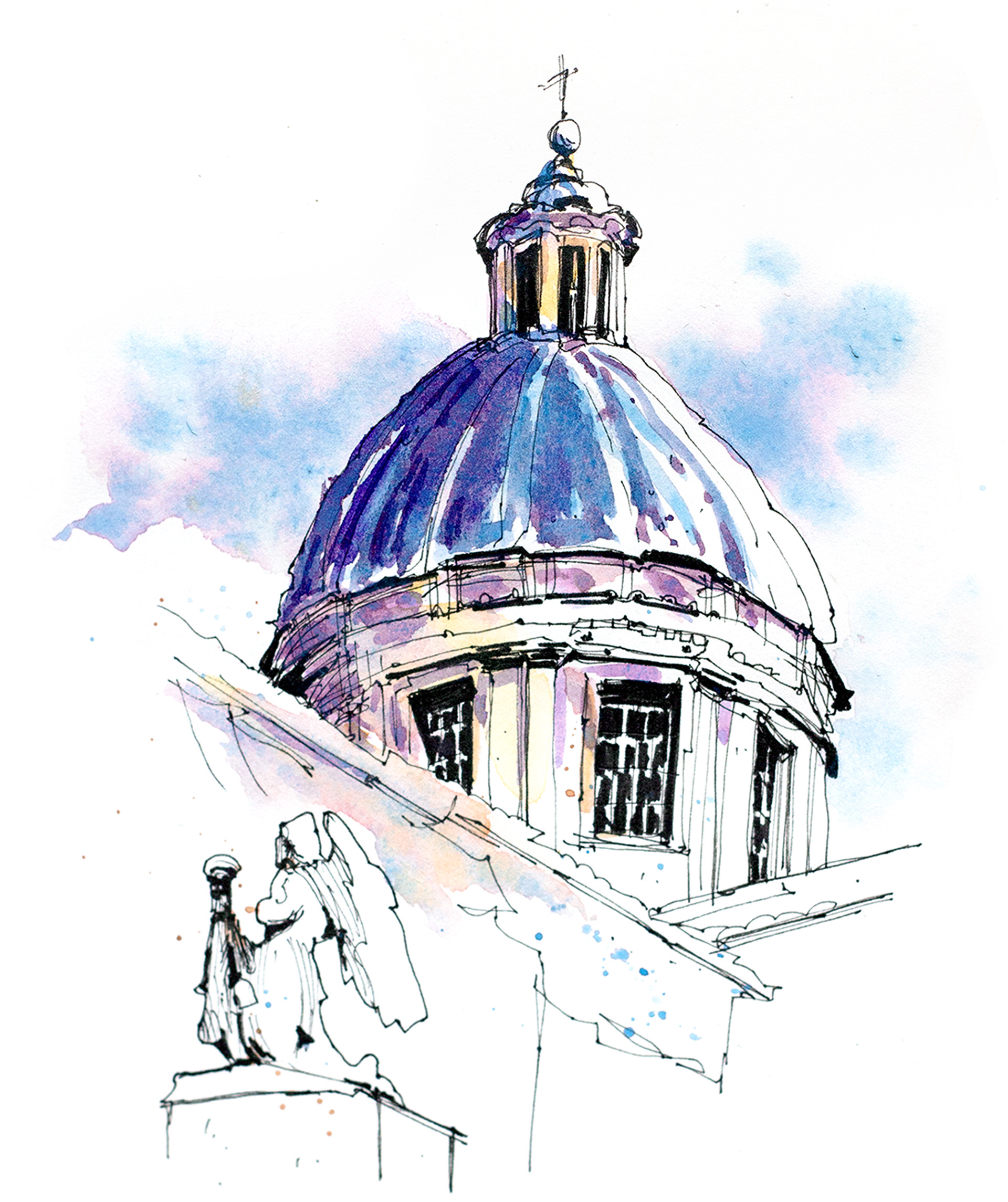 Urban Sketch von einer Kuppel in Rom mit Fineliner und Aquarell von Lisa Jentsch