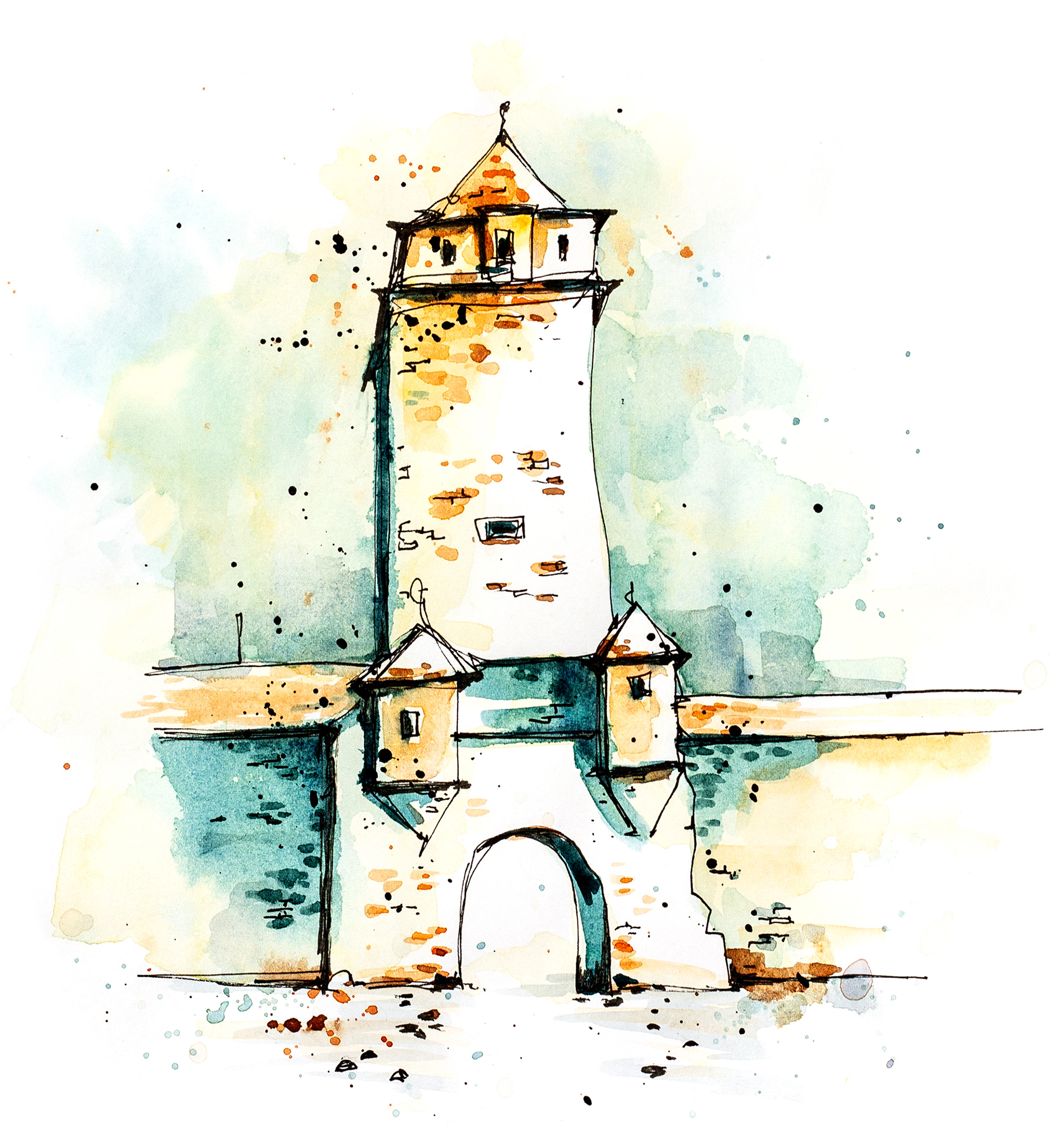 Urban Sketch in lockerem Stil von einem Turm in Rothenburg ob der Tauber mit Fineliner und Aquarell von Lisa Jentsch