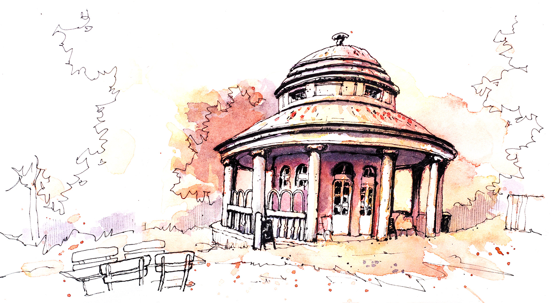 Urban Sketch vom Teehaus in Stuttgart mit Fineliner und Aquarell von Lisa Jentsch