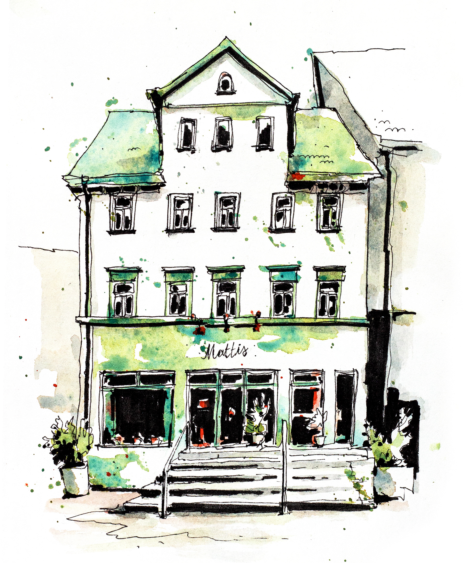 Urban Sketch vom Restaurant Mattis in Esslingen mit Fineliner und komplementären Farben in Aquarell von Lisa Jentsch