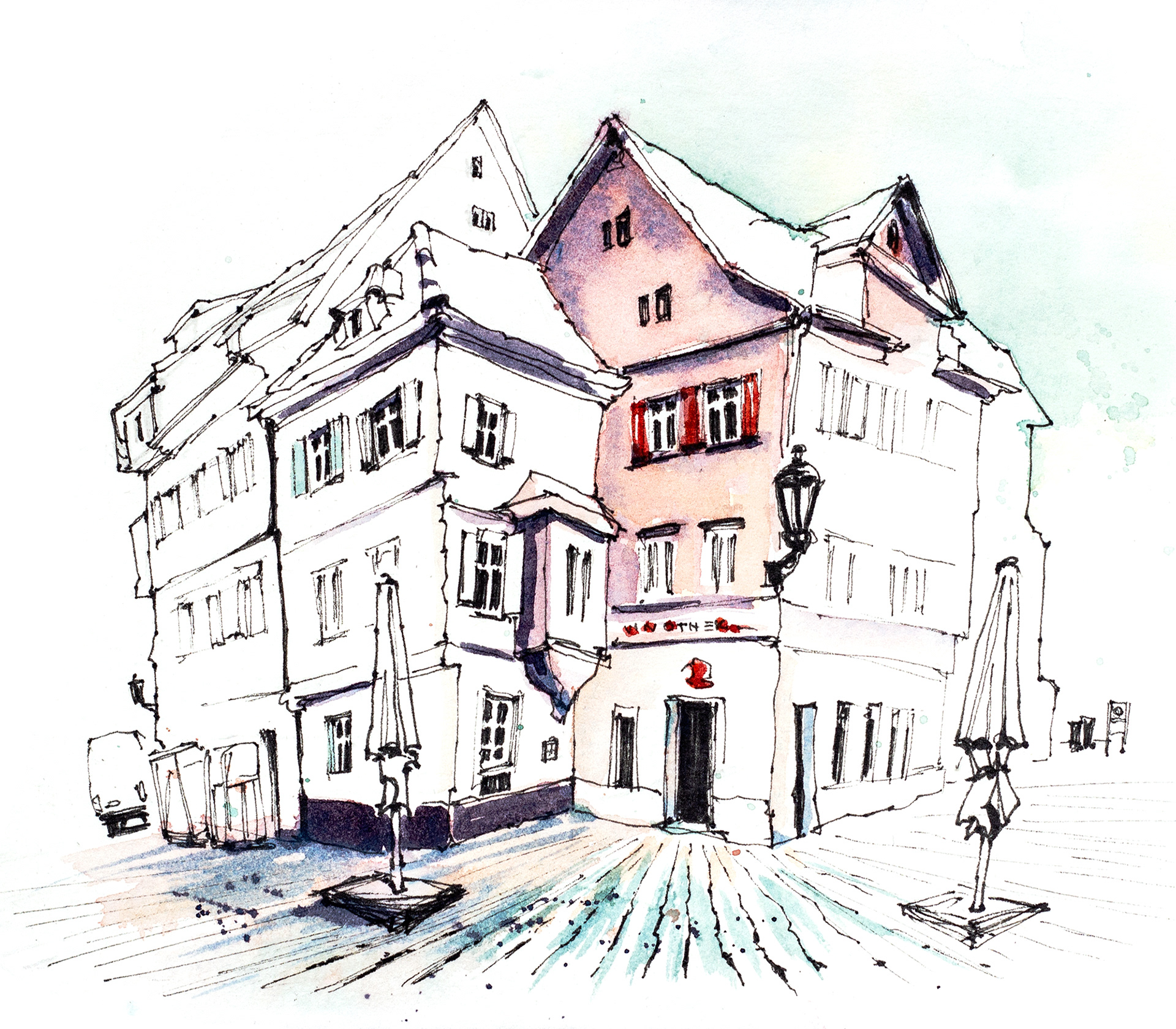 Urban Sketch vom Rathausplatz in Esslingen mit Fineliner und Aquarell von Lisa Jentsch