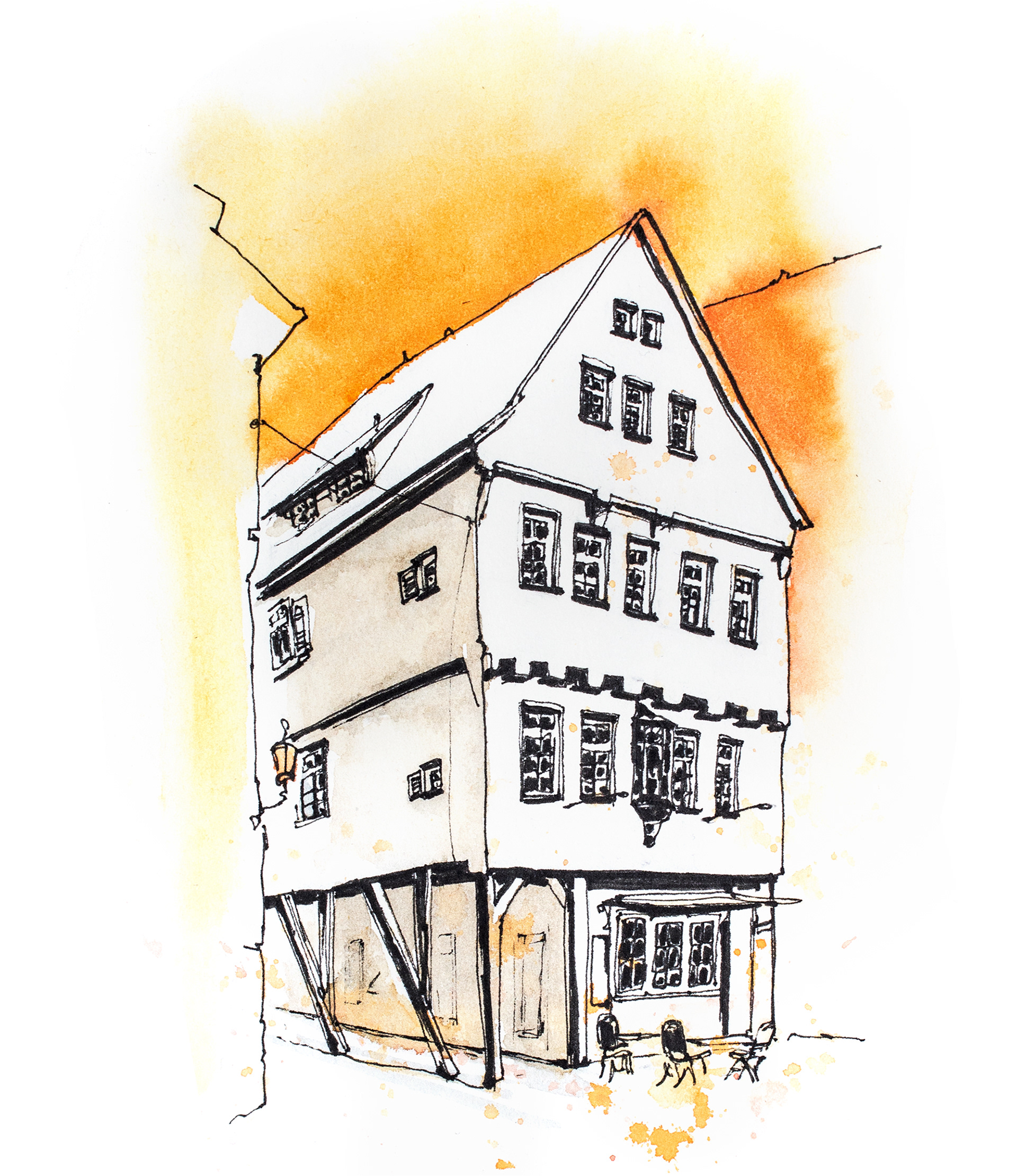 Urban Sketch vom Restaurant Kielmeyers in Esslingen mit Fineliner und Aquarell von Lisa Jentsch
