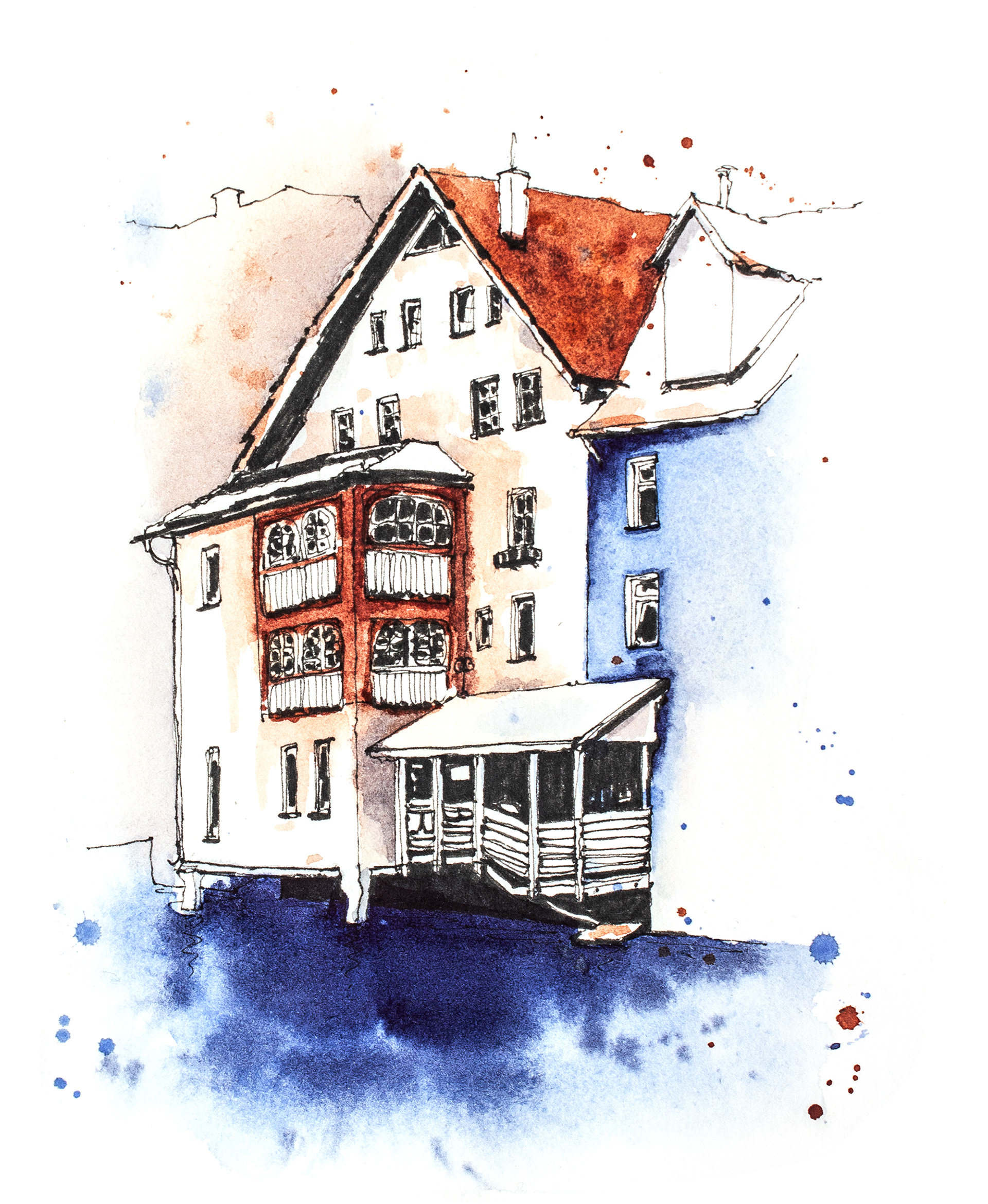 Urban Sketch von Kleinvenedig in Esslingen mit Fineliner und Aquarell von Lisa Jentsch