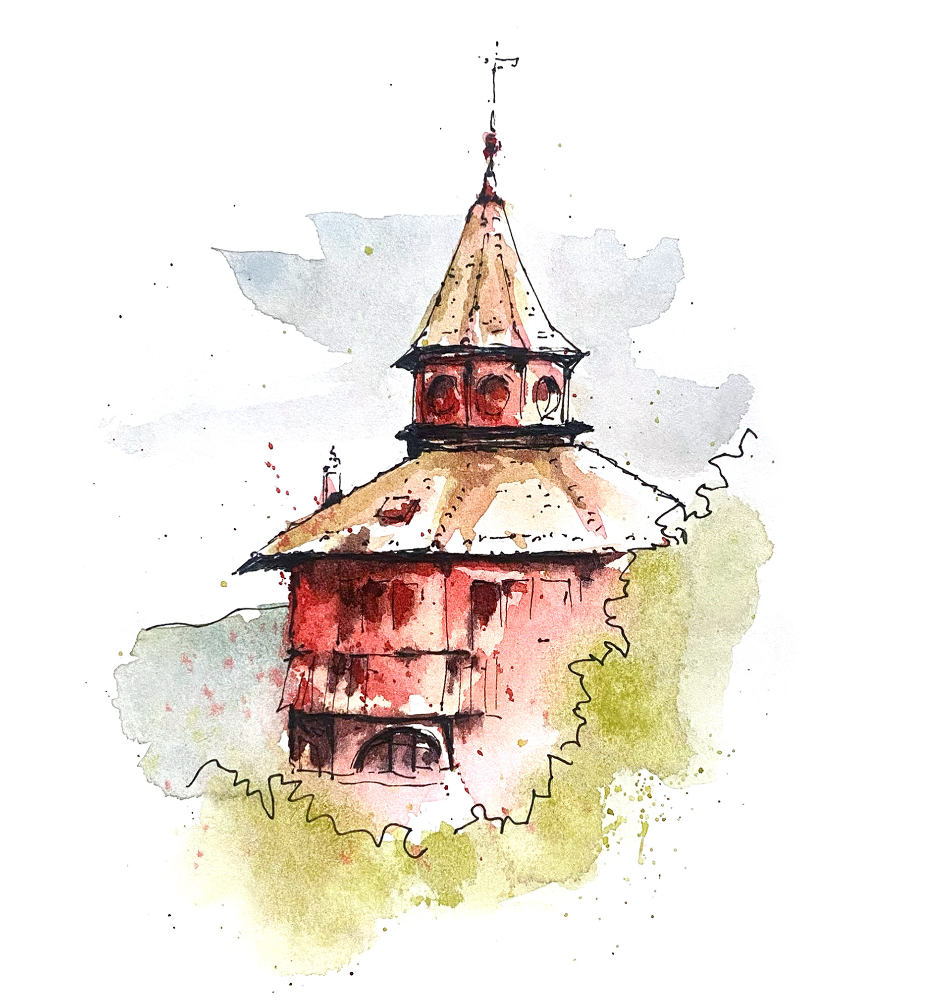 Urban Sketch vom dicken Turm in Esslingen mit Fineliner und Aquarell von Lisa Jentsch