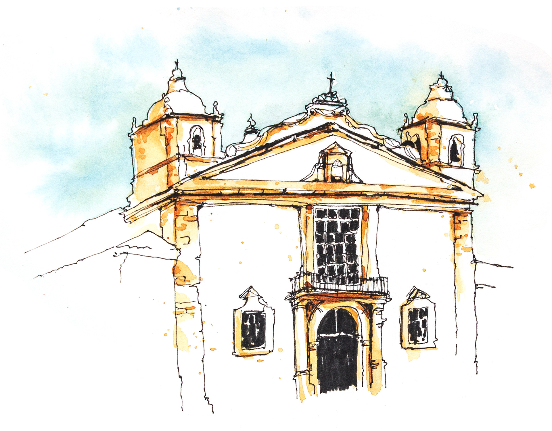 Urban Sketch von der Kirche Santa Maria in Lagos mit Fineliner und Aquarell von Lisa Jentsch